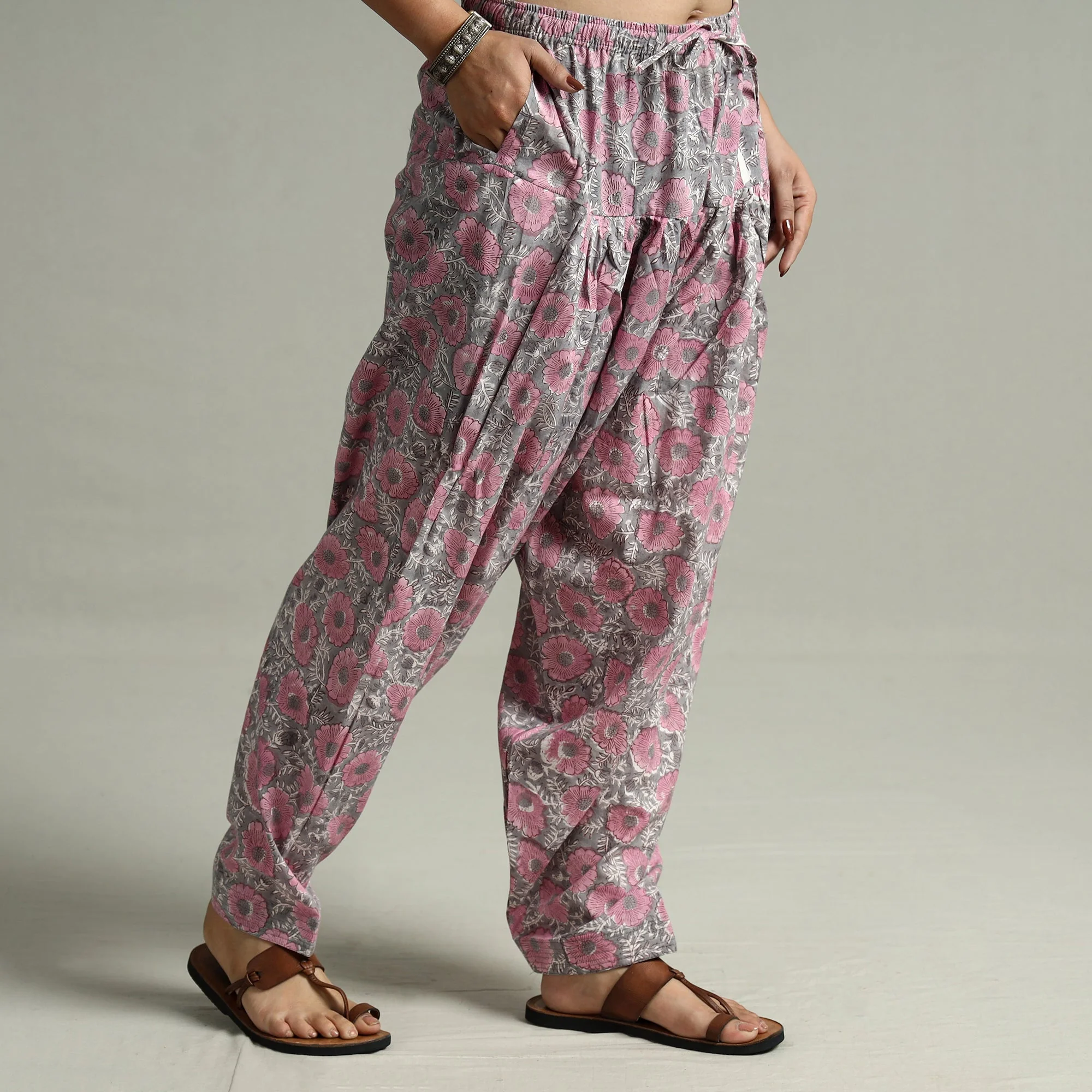 Pink - Sanganeri Block Printed Cotton Elasticated Salwar 12