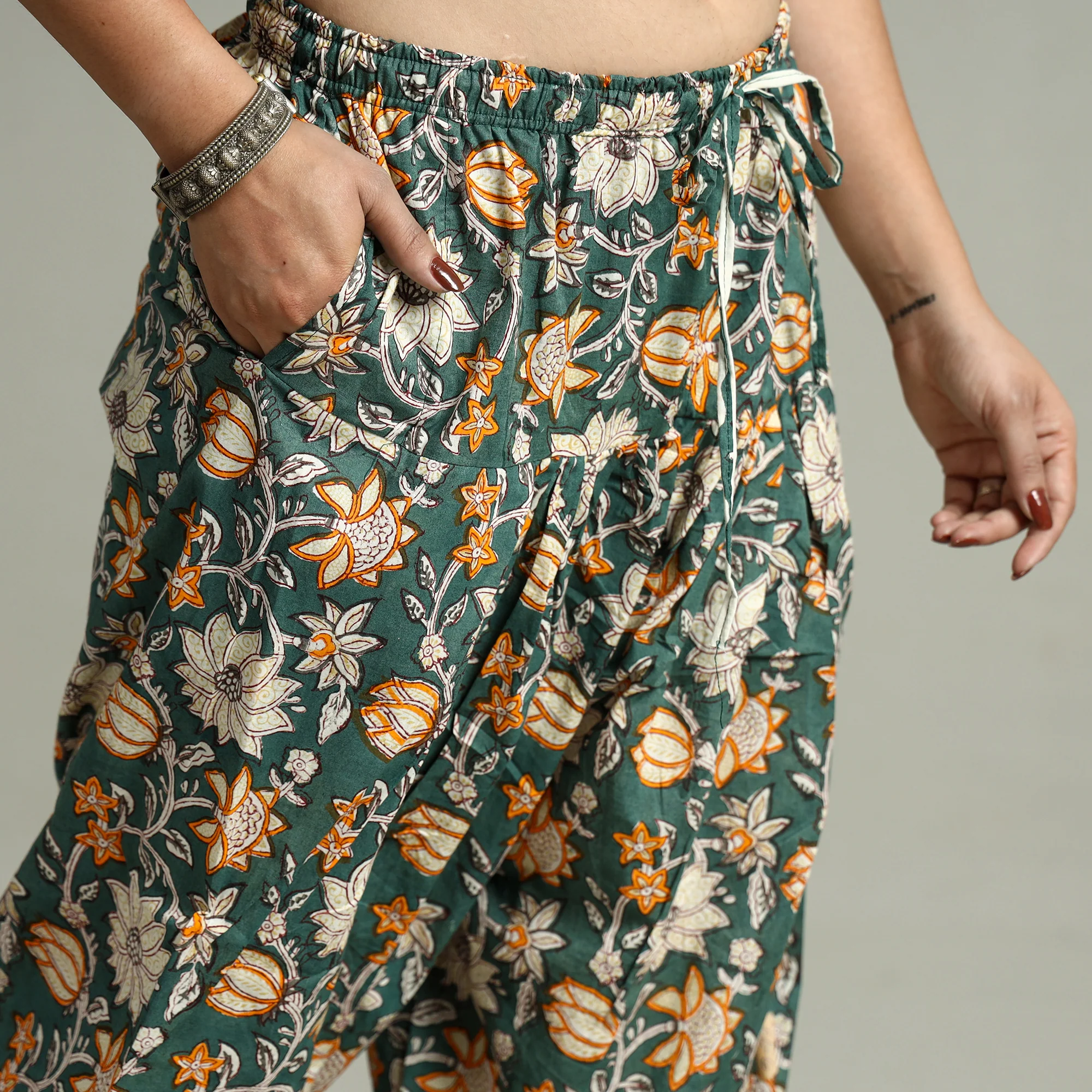 Green - Sanganeri Block Printed Cotton Elasticated Salwar 08 - Image 4