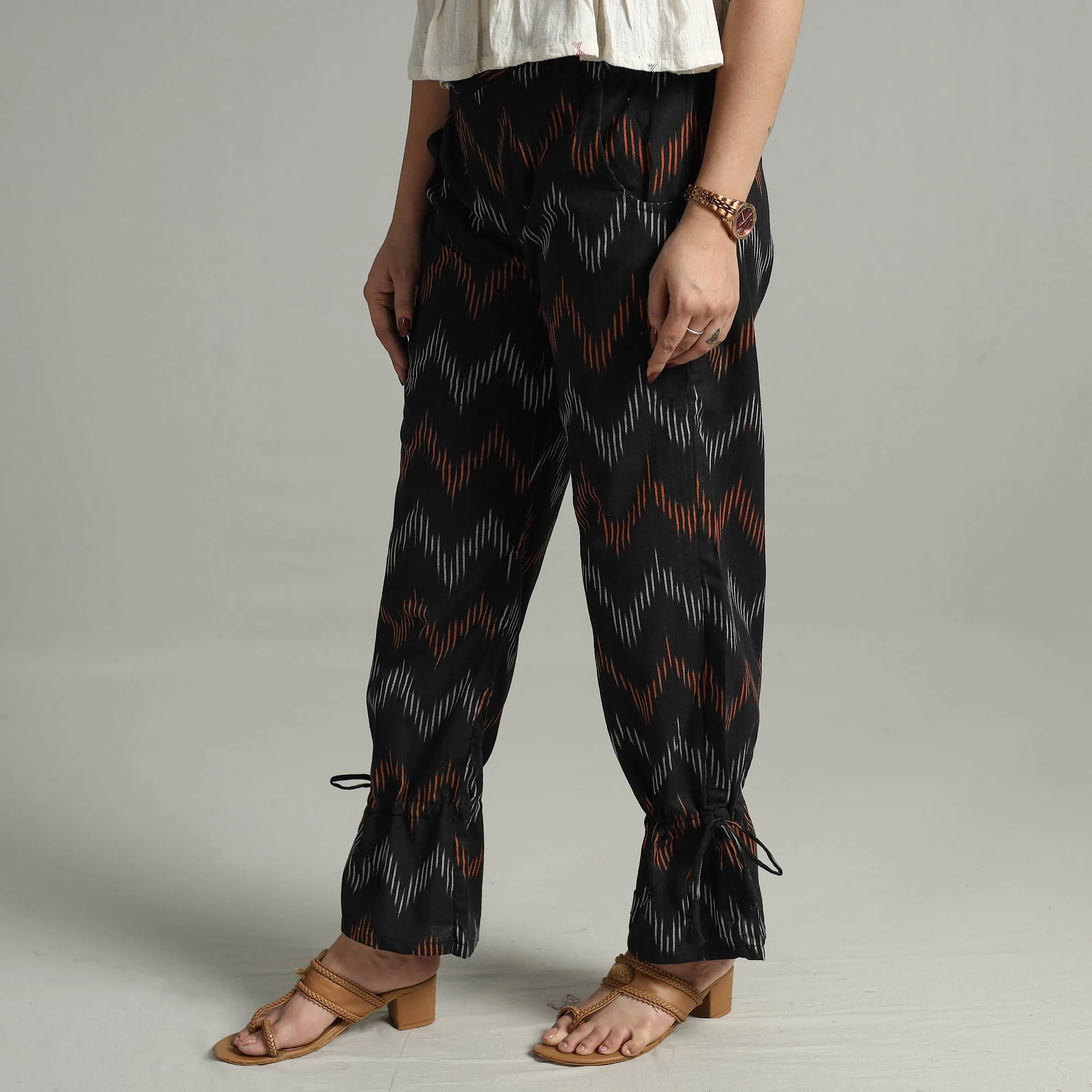 Black - Pochampally Ikat Weave Cotton Elasticated Pant 13 - Image 3