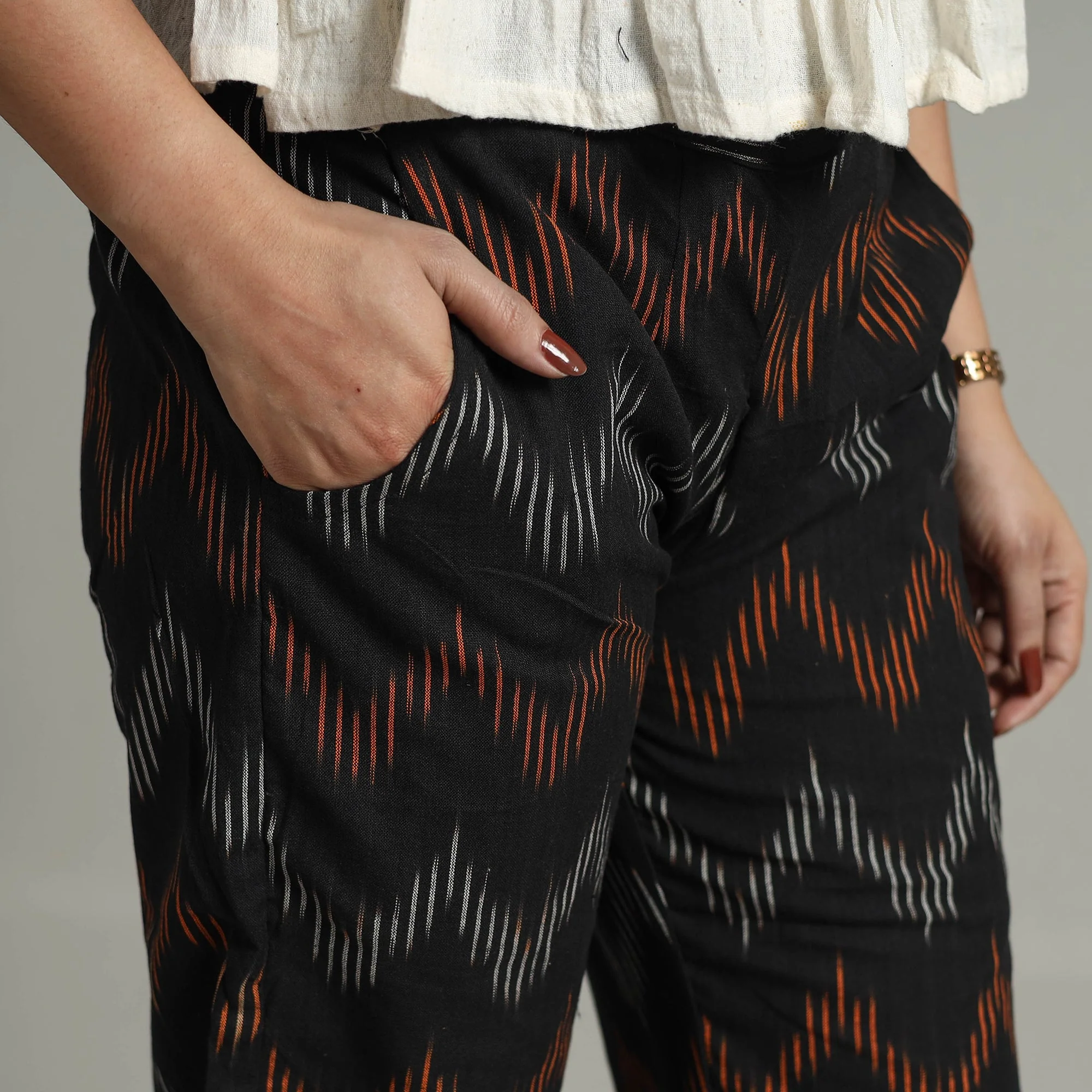 Black - Pochampally Ikat Weave Cotton Elasticated Pant 13 - Image 4