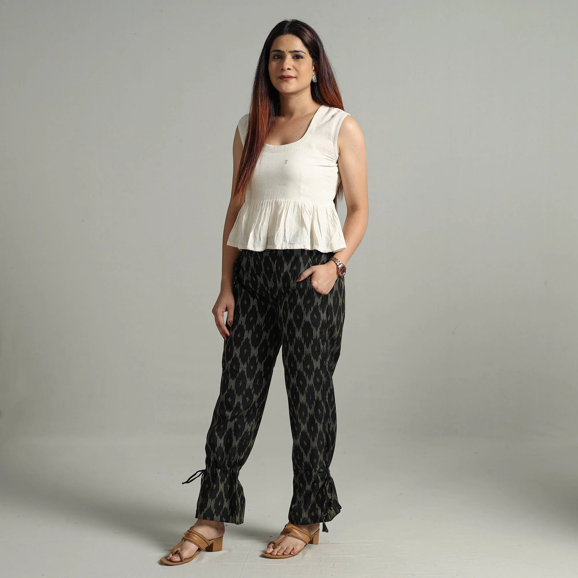Black - Pochampally Ikat Weave Cotton Elasticated Pant 14 - Image 2