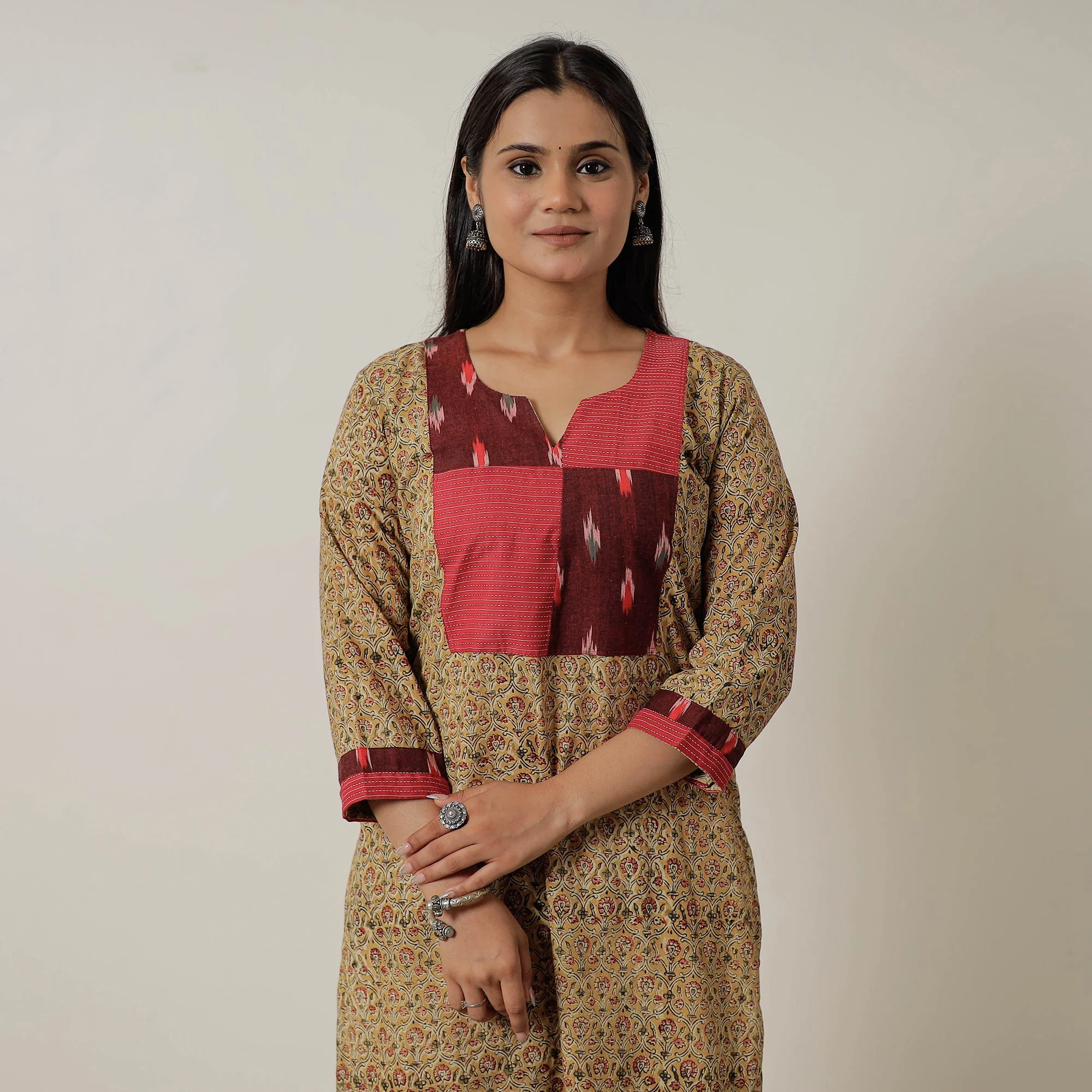 Yellow - Pedana Kalamkari Block Printed Cotton Straight Kurta with Patchwork 03
