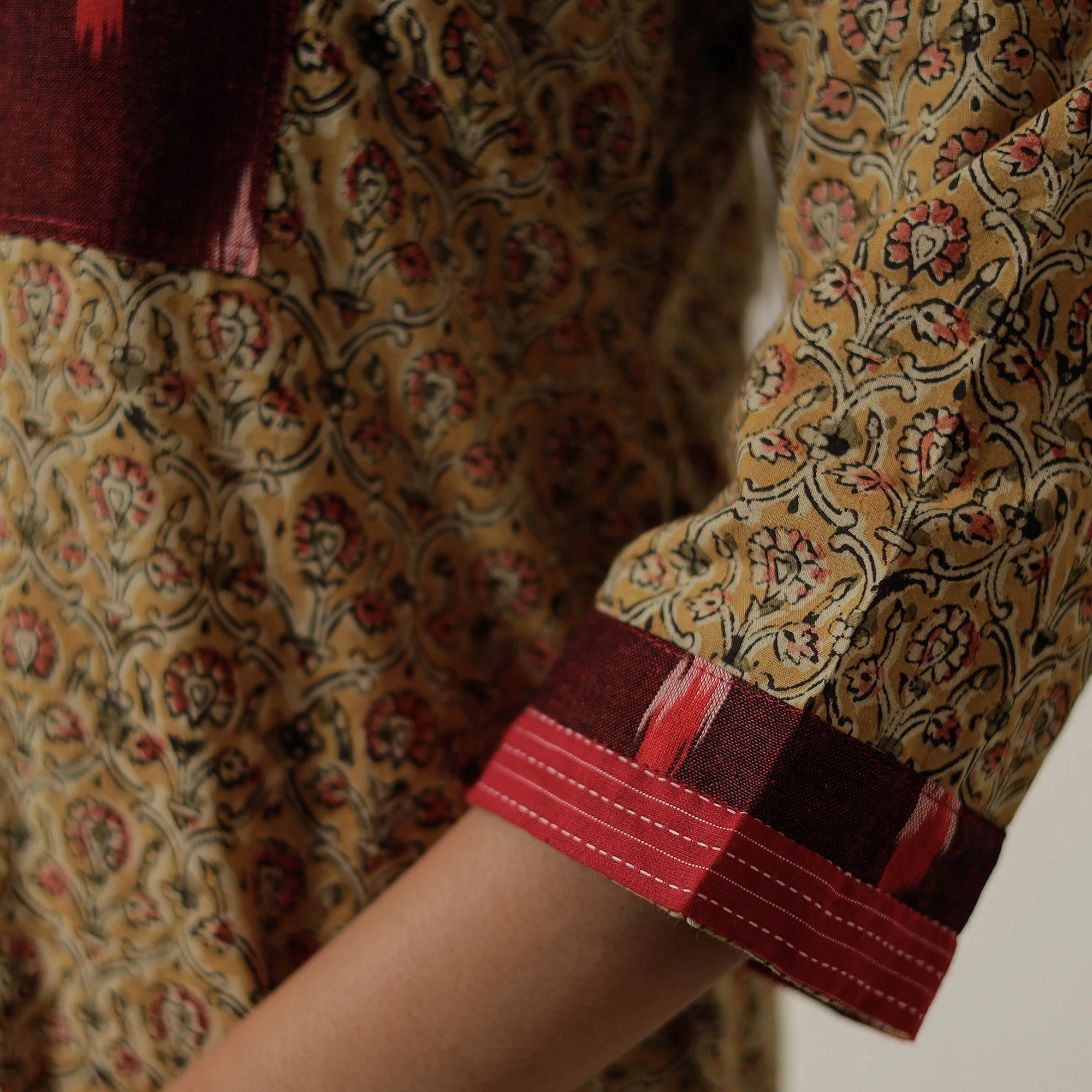 Yellow - Pedana Kalamkari Block Printed Cotton Straight Kurta with Patchwork 03 - Image 6