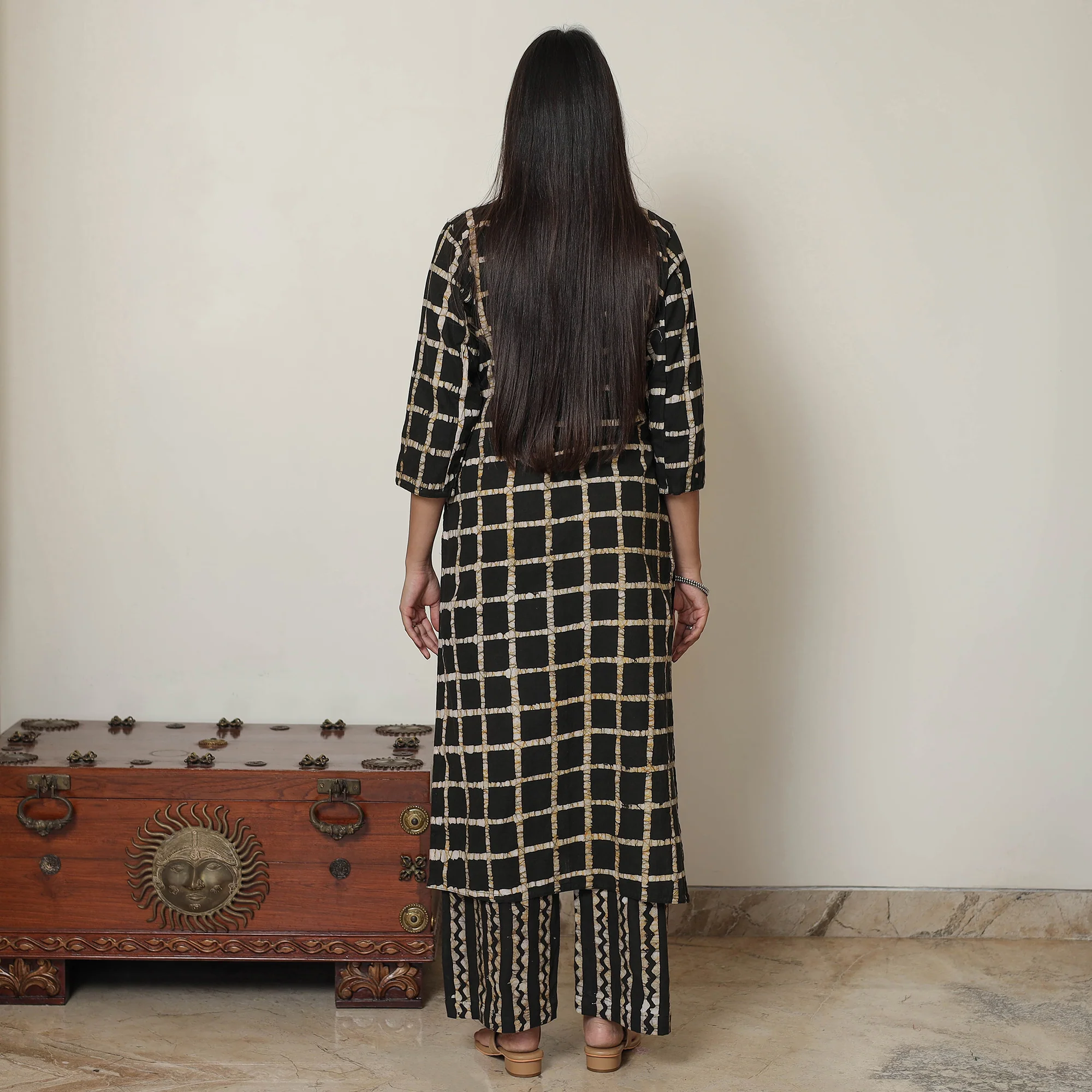 Black - Hand Batik Printed Cotton Kurta with Palazzo & Dupatta Set 11 - Image 7