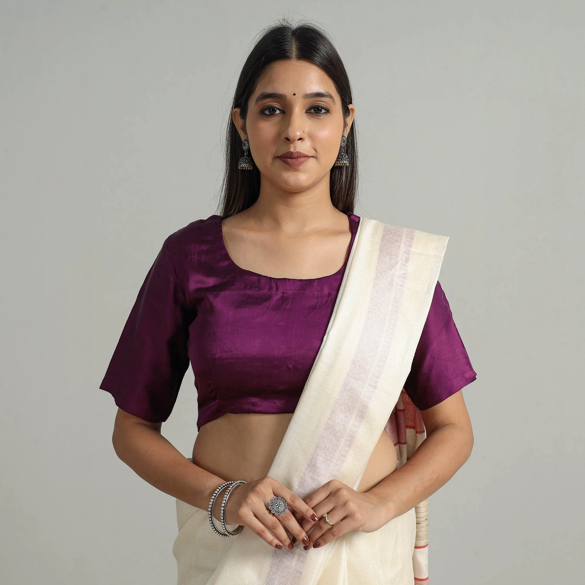 Purple - Modal Silk Plain Stitched Blouse 01