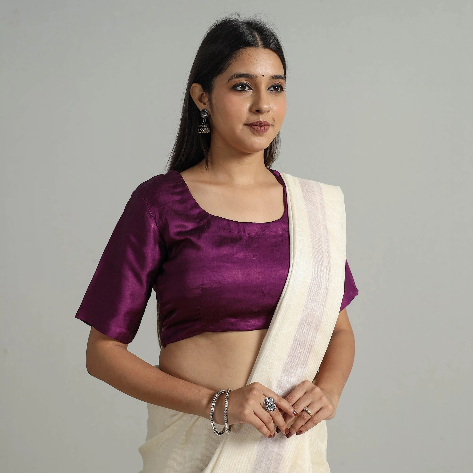 Purple - Modal Silk Plain Stitched Blouse 01 - Image 2