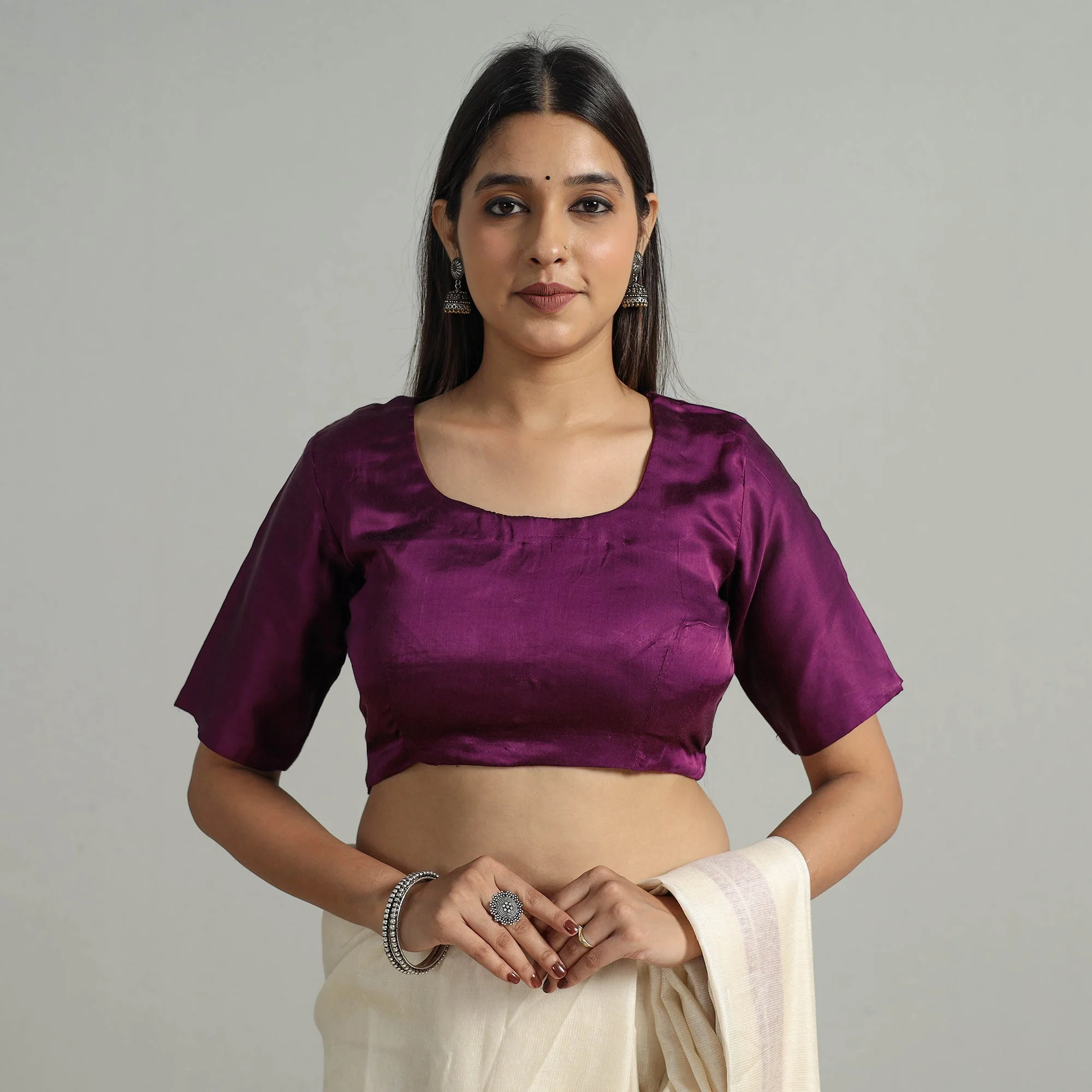 Purple - Modal Silk Plain Stitched Blouse 01 - Image 3