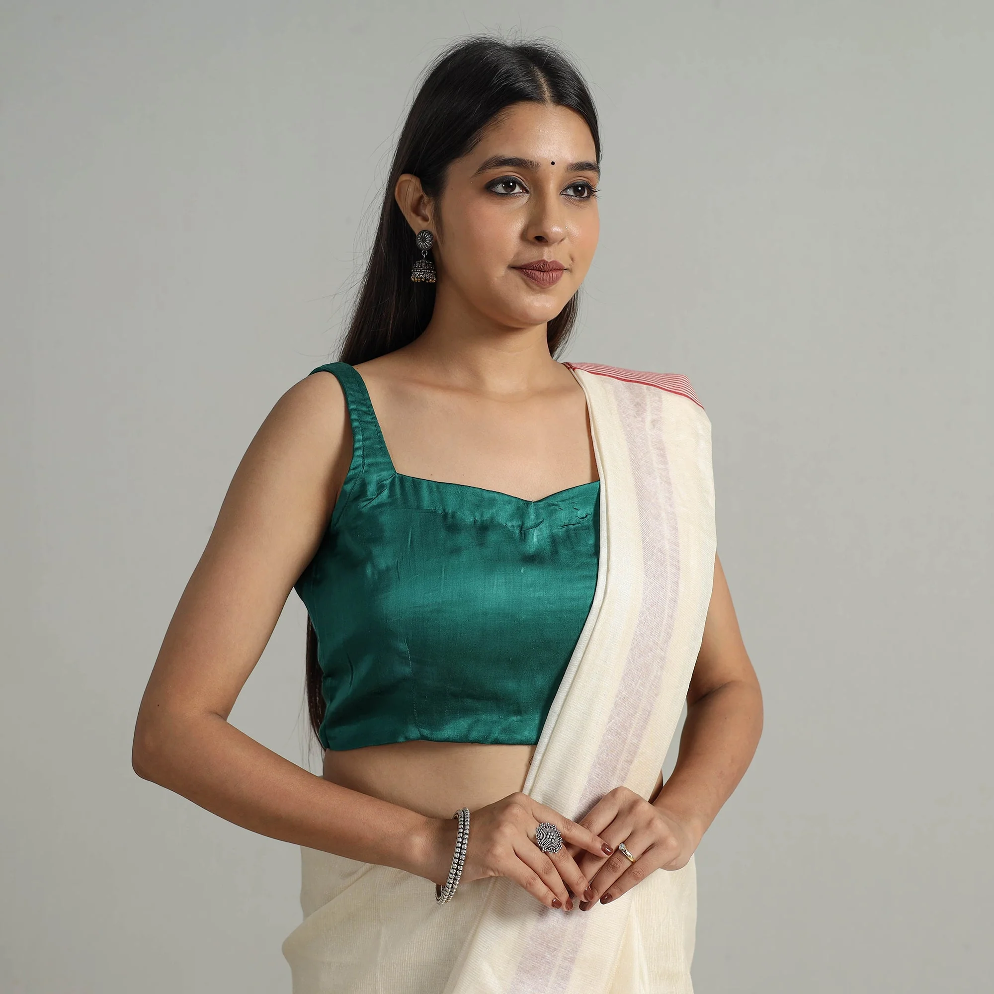 Green - Modal Silk Plain Stitched Blouse 11 - Image 2
