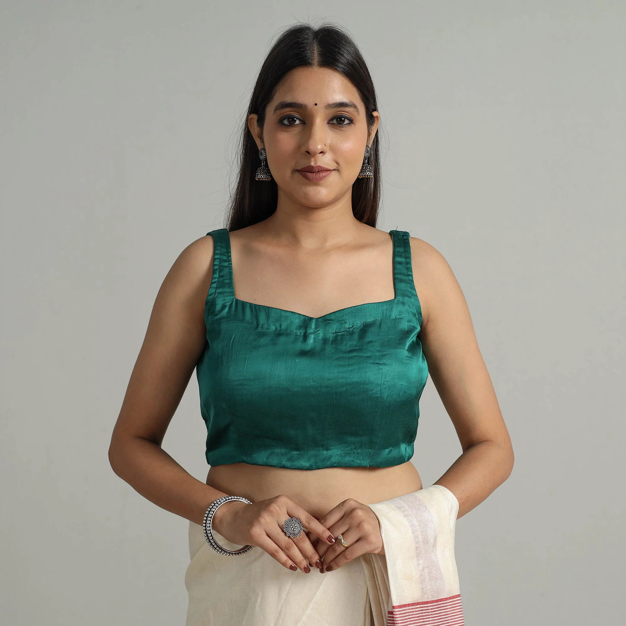 Green - Modal Silk Plain Stitched Blouse 11 - Image 3