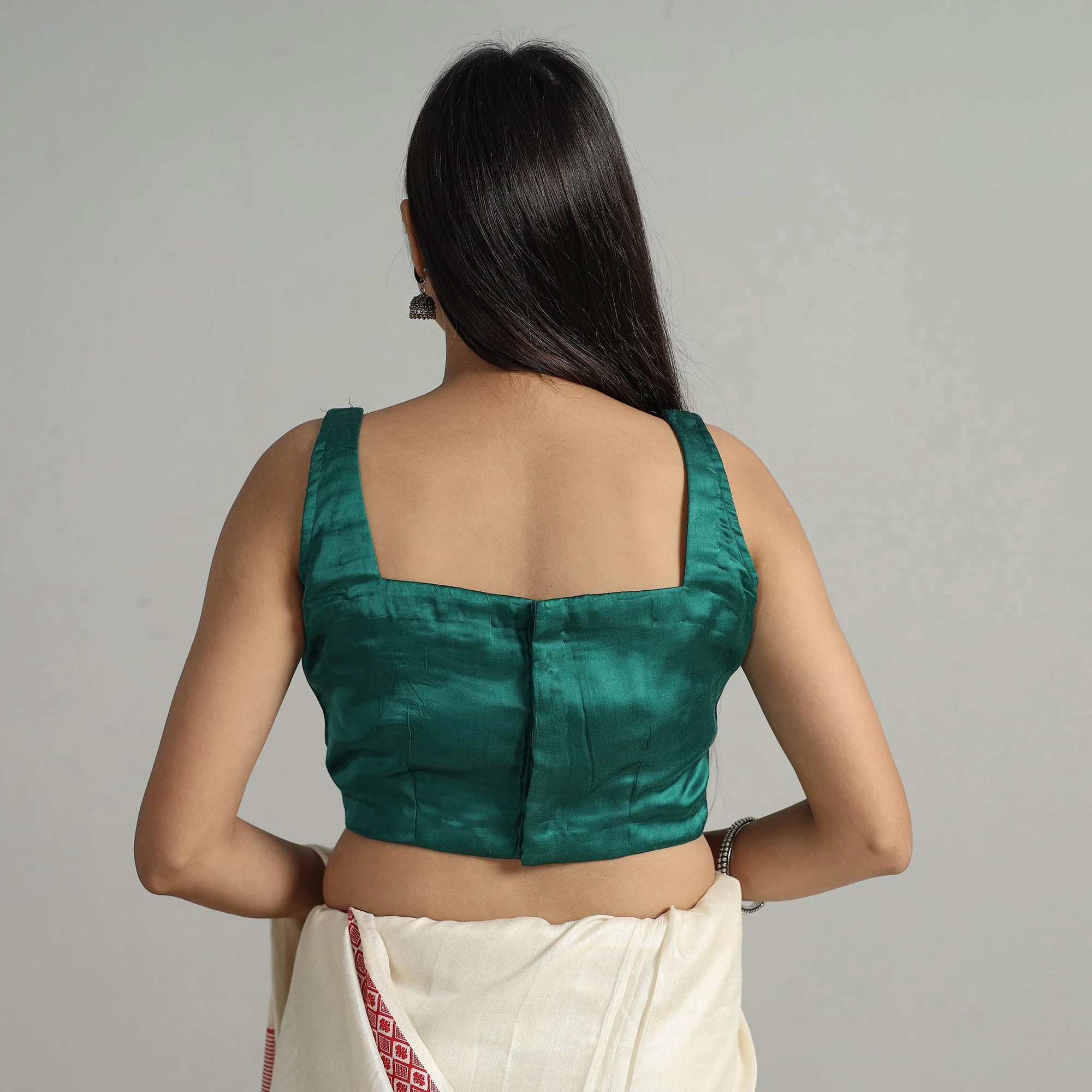 Green - Modal Silk Plain Stitched Blouse 11 - Image 5