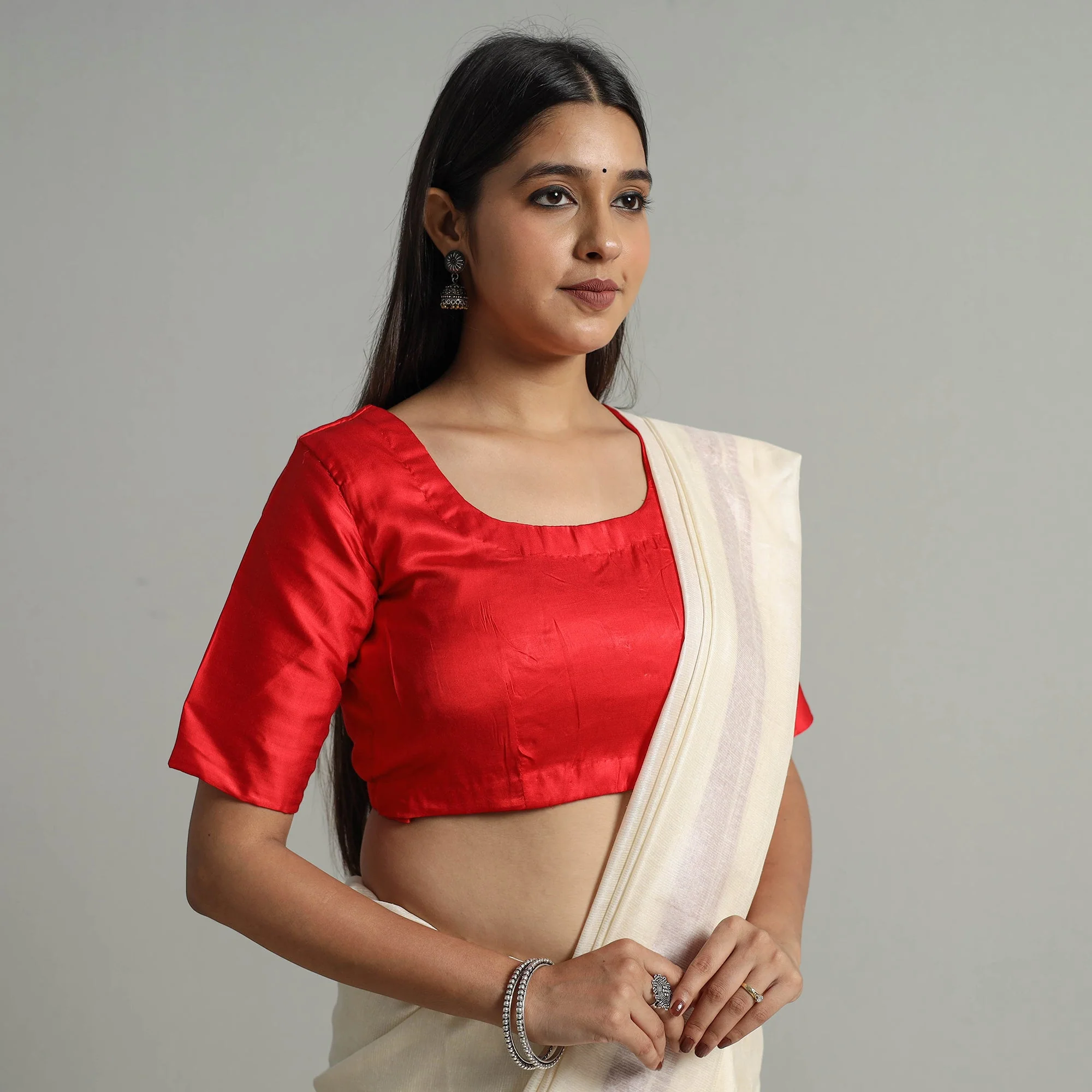 Red - Modal Silk Plain Stitched Blouse 04 - Image 2