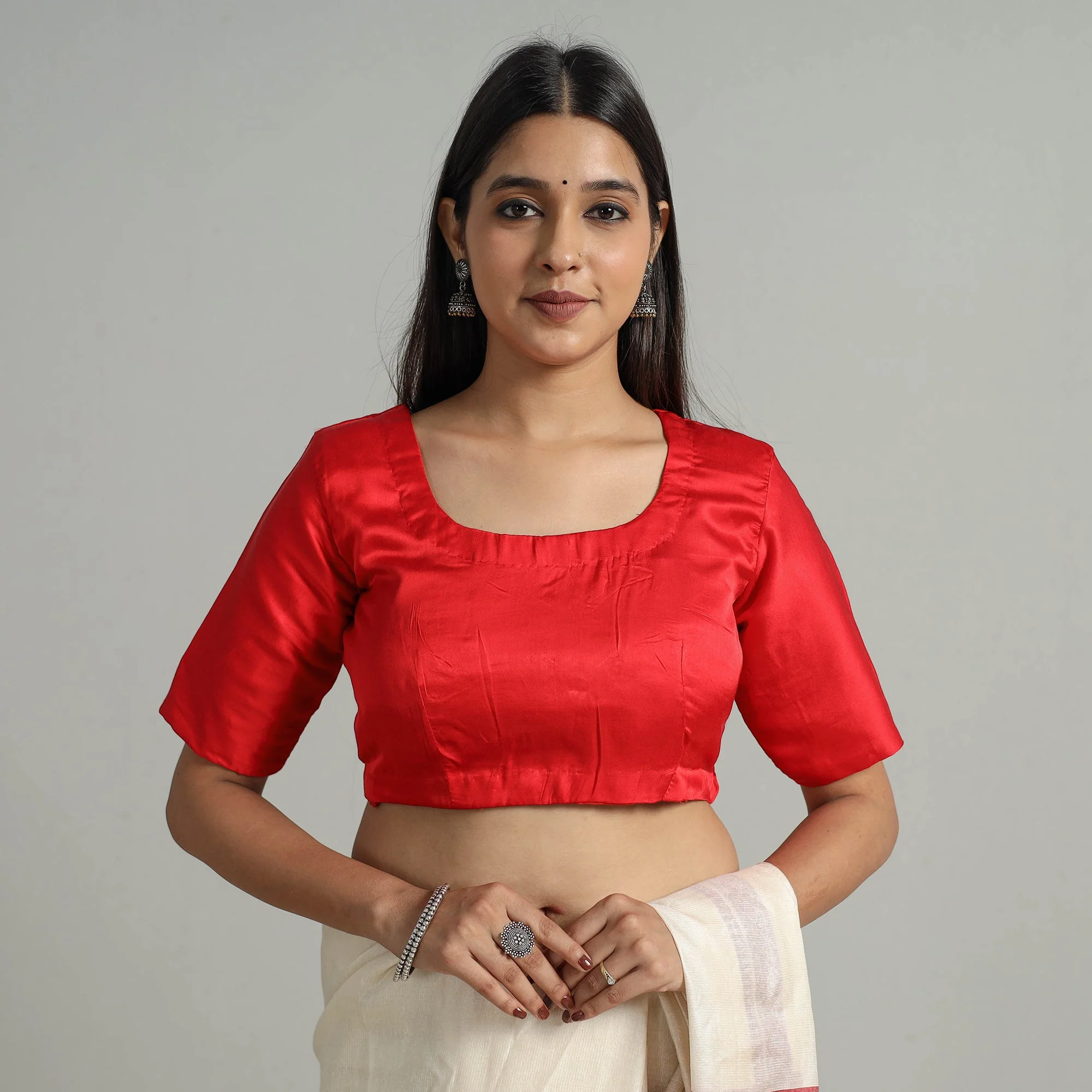 Red - Modal Silk Plain Stitched Blouse 04 - Image 3