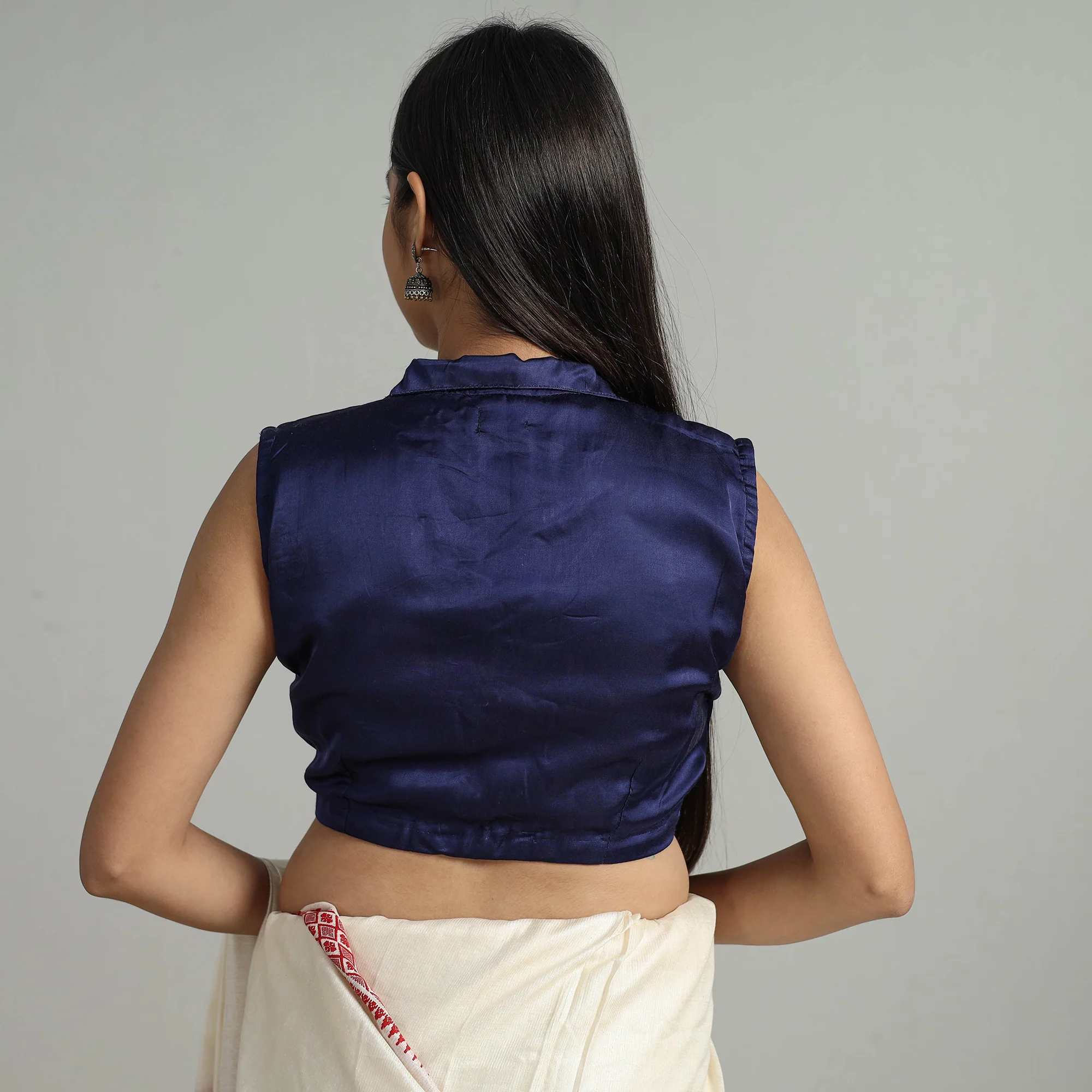 Blue - Modal Silk Plain Stitched Blouse 05 - Image 6