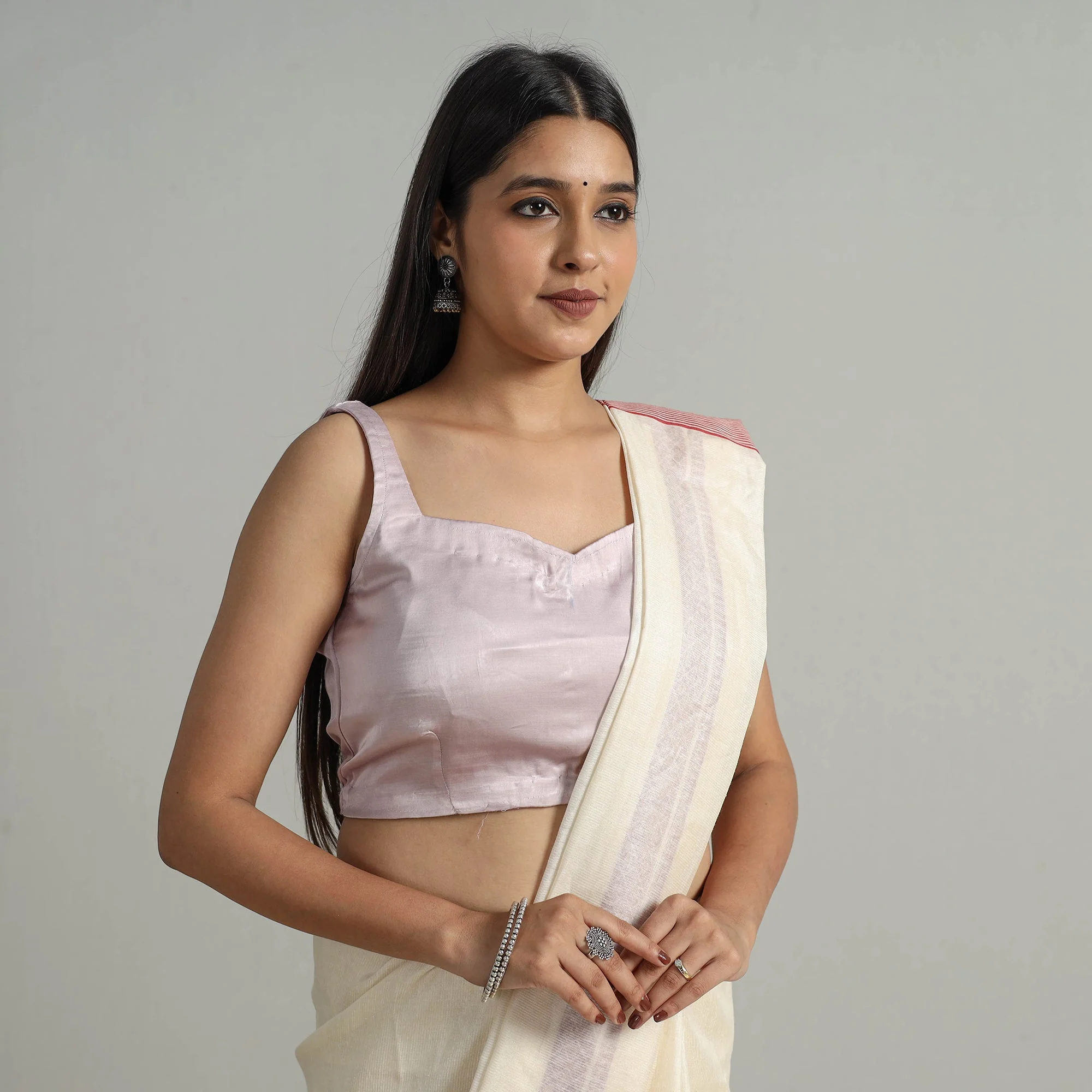 Purple - Modal Silk Plain Stitched Blouse 10 - Image 2