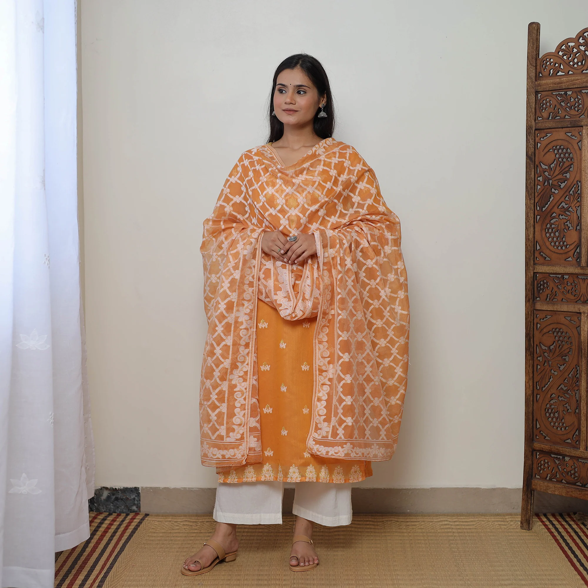 Orange - Bengal Jamdani Silk Cotton Kurta with Dupatta Set 01 - Image 3