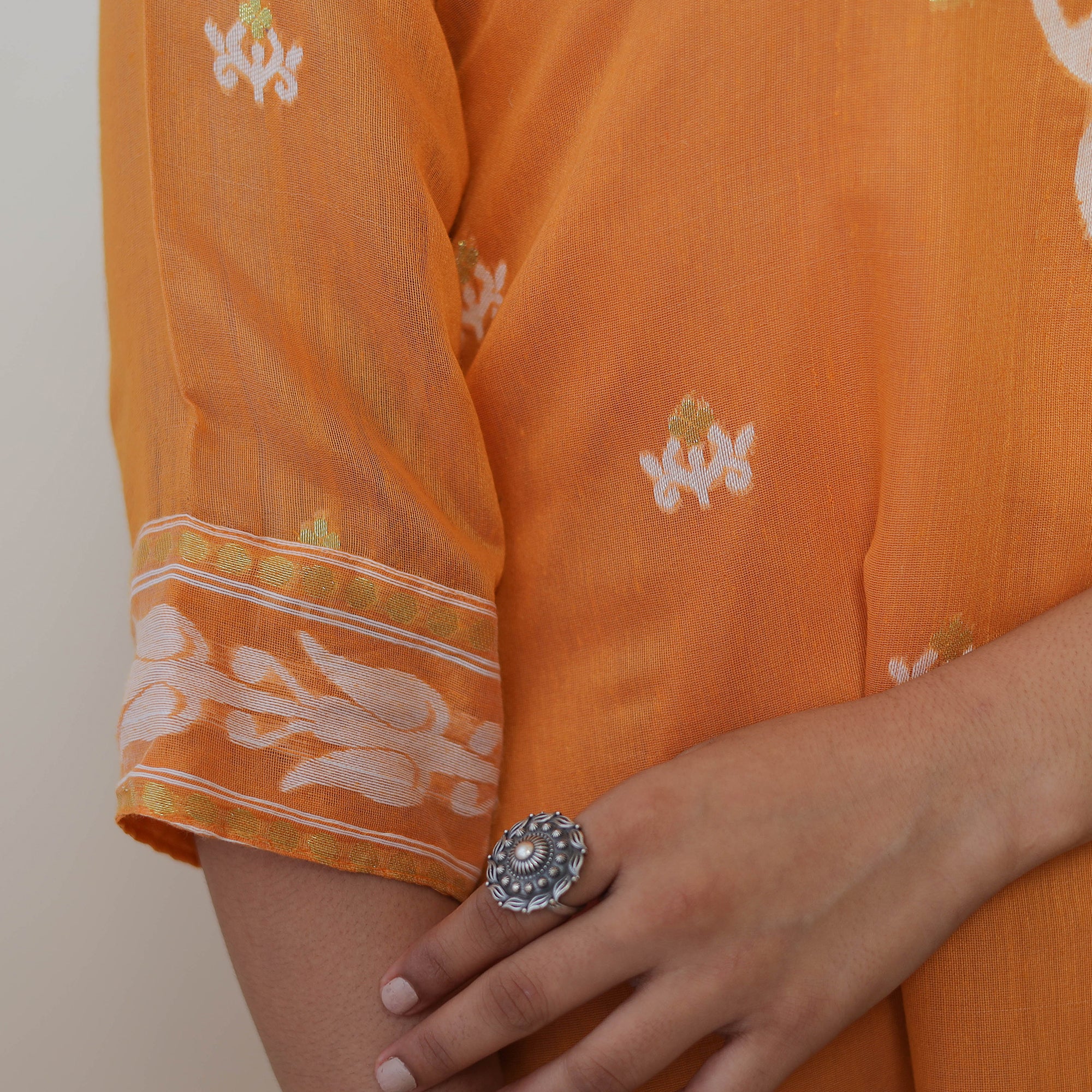 Orange - Bengal Jamdani Silk Cotton Kurta with Dupatta Set 01 - Image 6