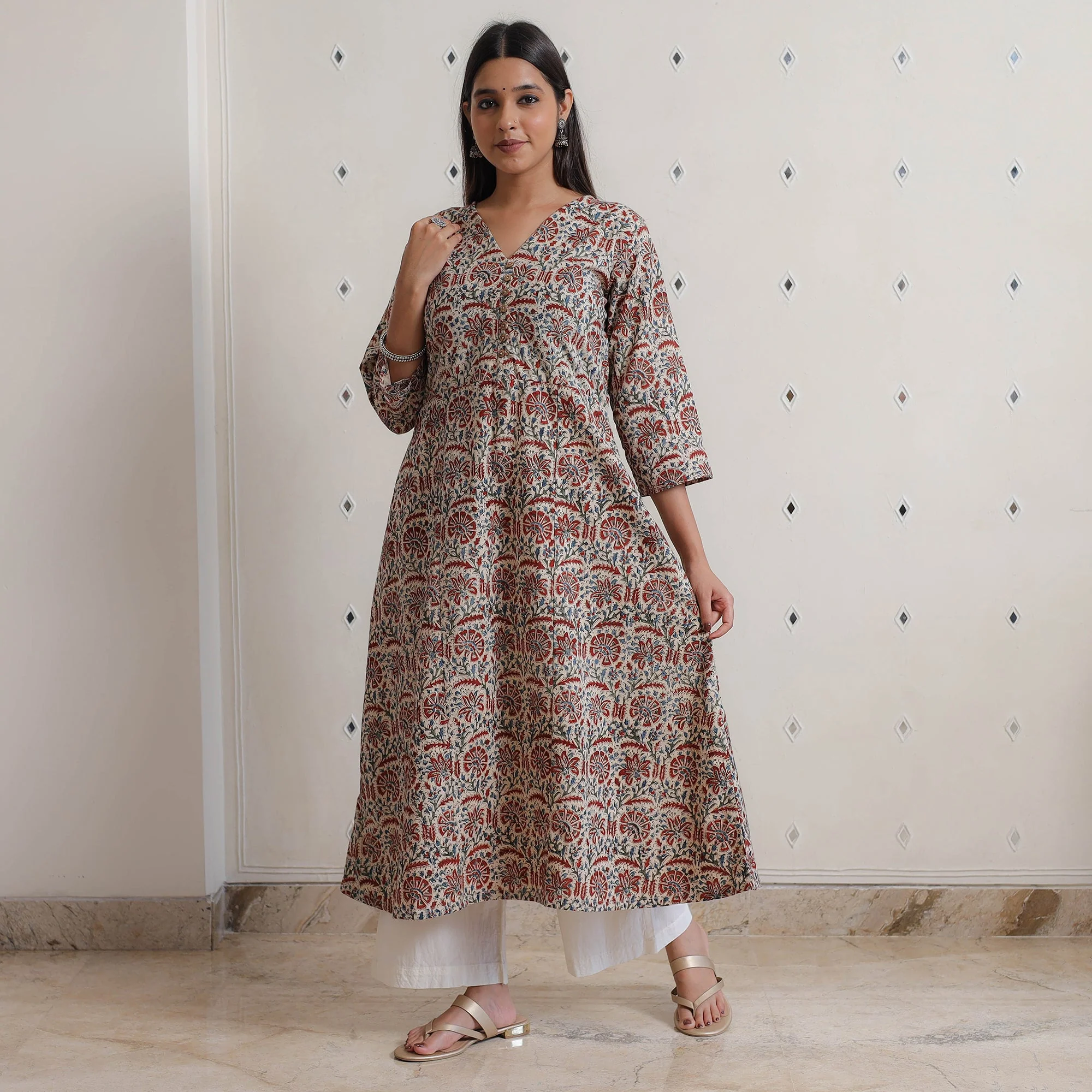 Multicolor - Pedana Kalamkari Block Printed Cotton A-Line Kurta 01 - Image 7