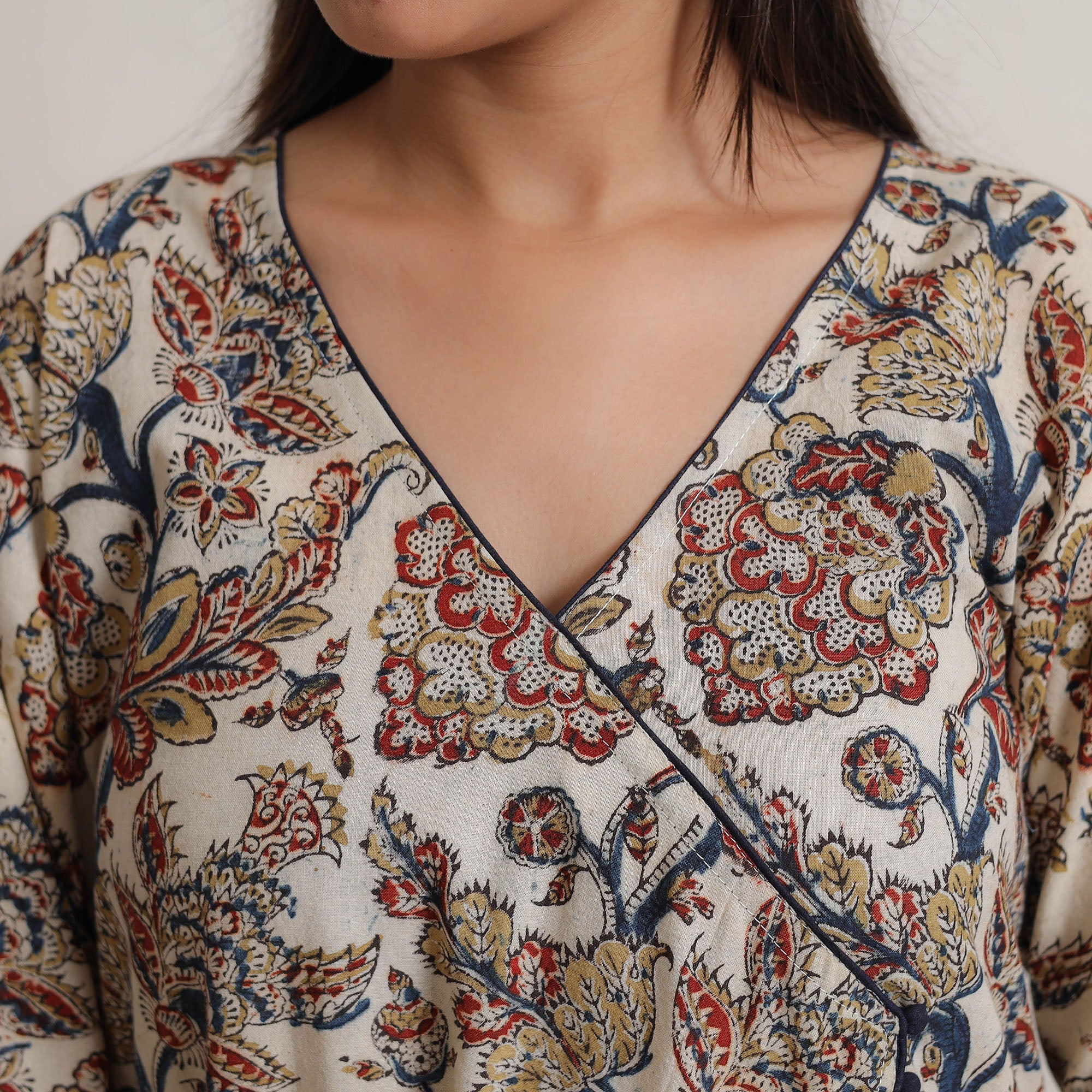 Beige - Pedana Kalamkari Block Printed Cotton A-Line Kurta 14 - Image 5