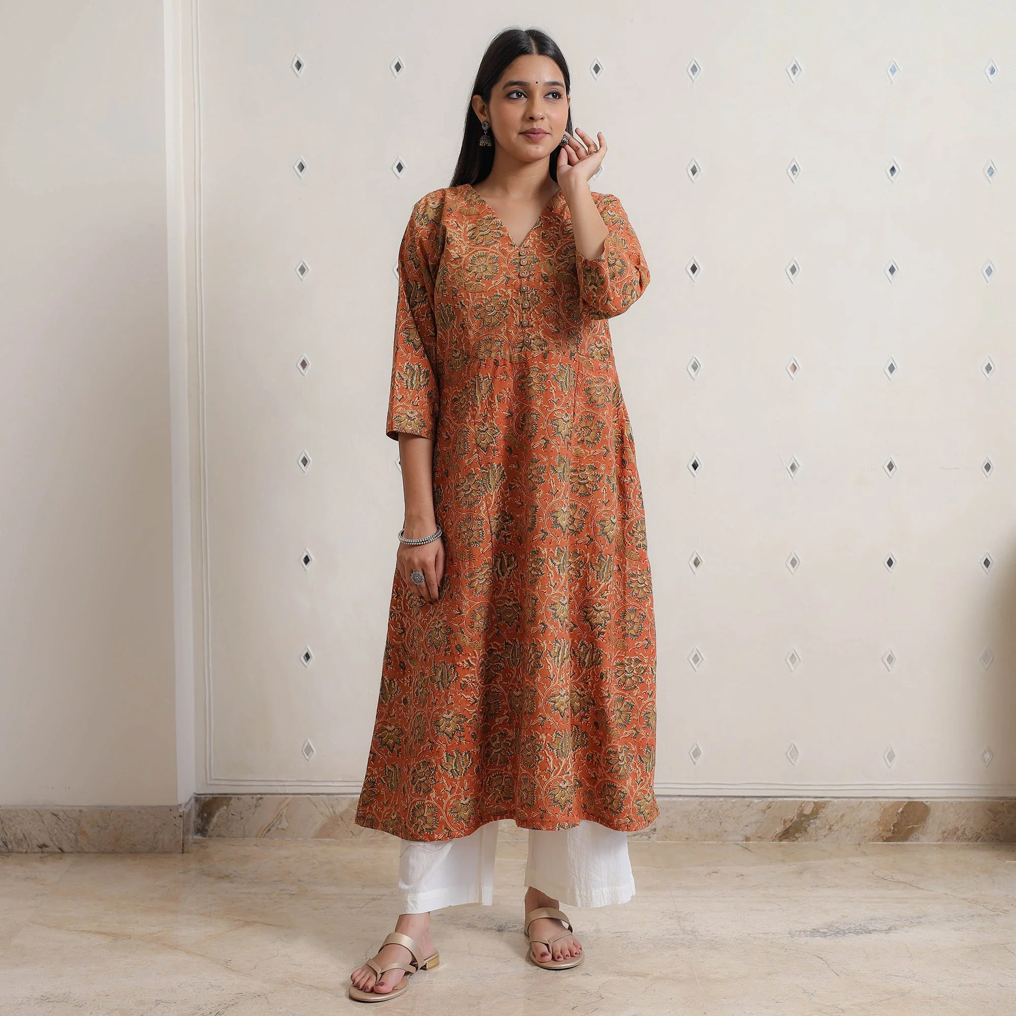 Orange - Pedana Kalamkari Block Printed Cotton A-Line Kurta 05 - Image 2