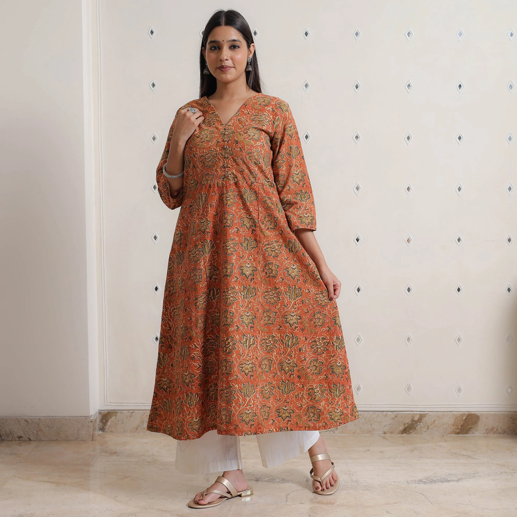 Orange - Pedana Kalamkari Block Printed Cotton A-Line Kurta 05 - Image 3