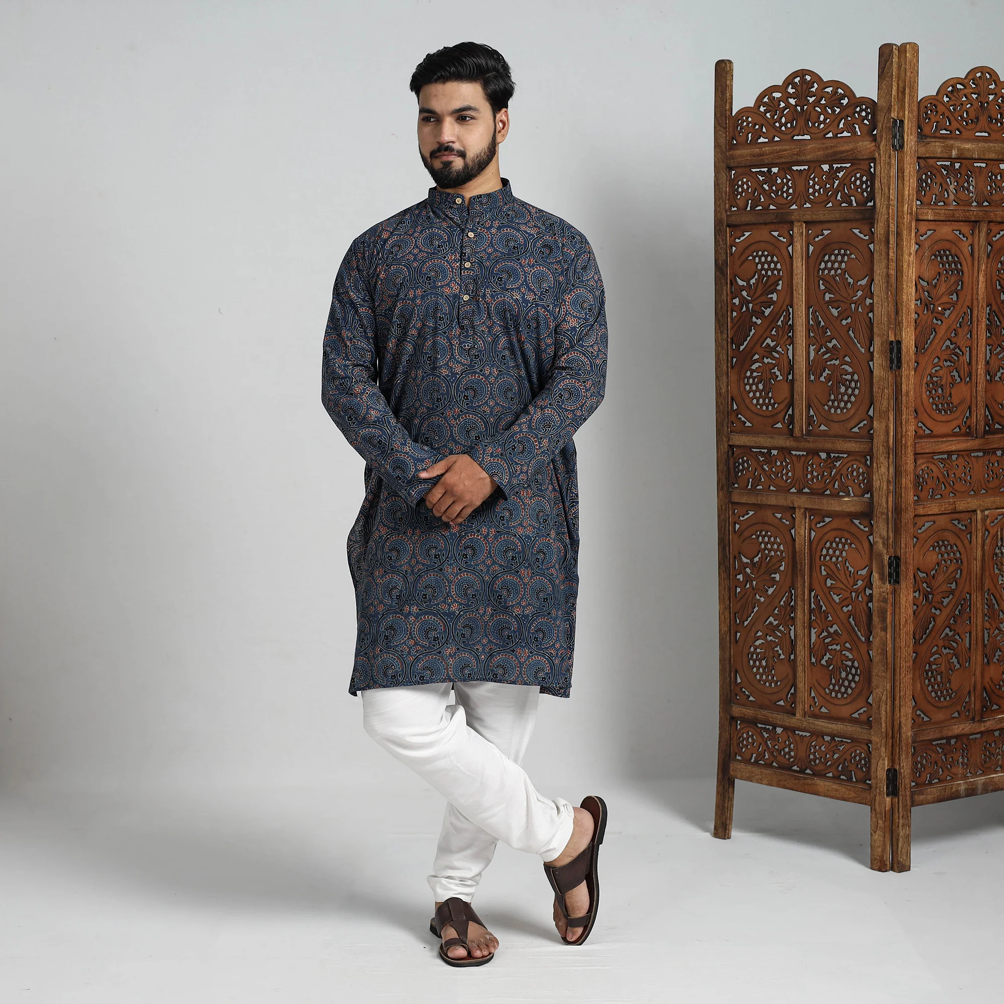 Ajrakh Block Printed Cotton Men Long Kurta 19 - Image 2