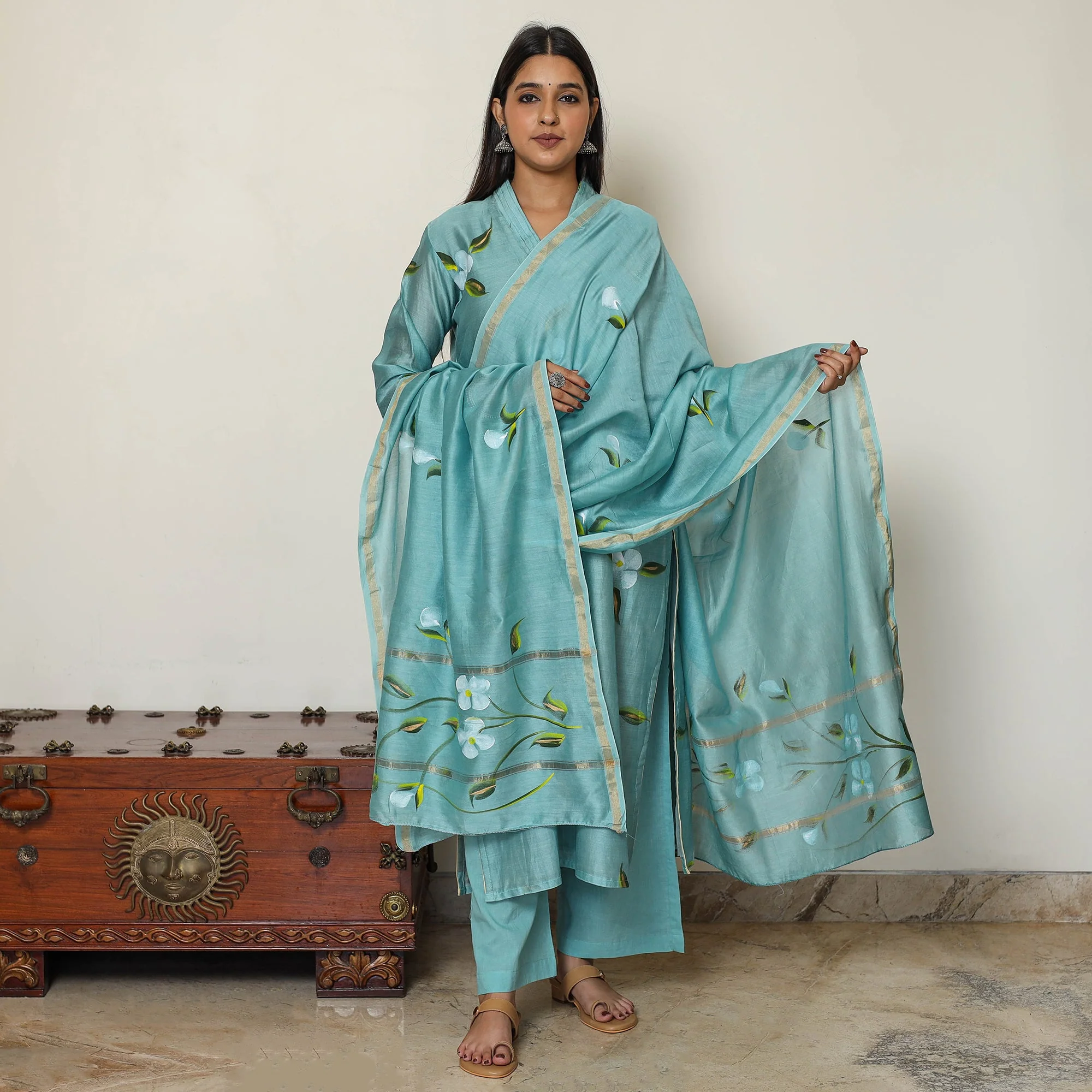 Blue - Handpainted Chanderi Silk Kurta Set with Palazzo & Dupatta 06 - Image 2
