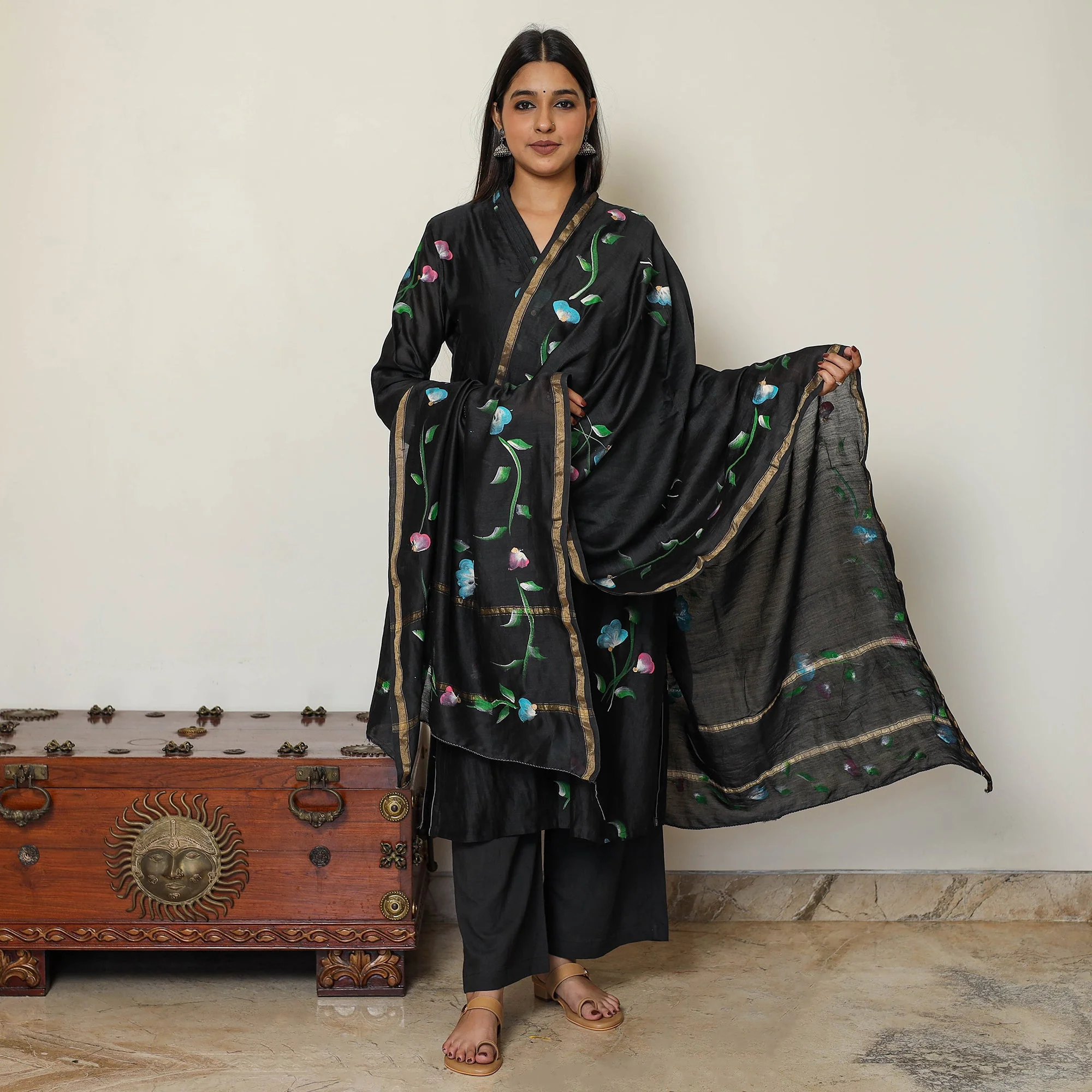 Black - Handpainted Chanderi Silk Kurta Set with Palazzo & Dupatta 07 - Image 2