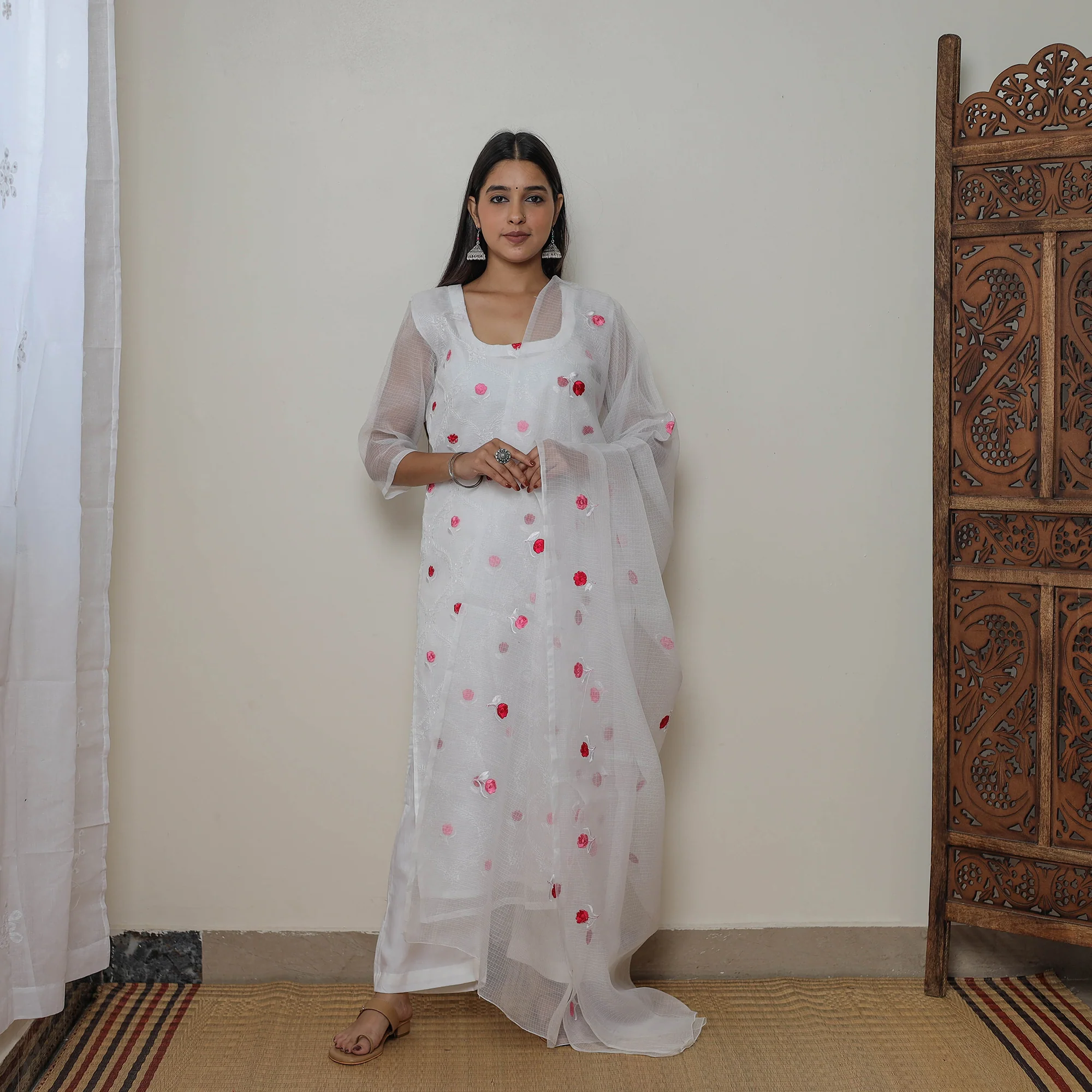White - Kota Doria Cotton Embroidery Kurta Suit Set 14 - Image 2