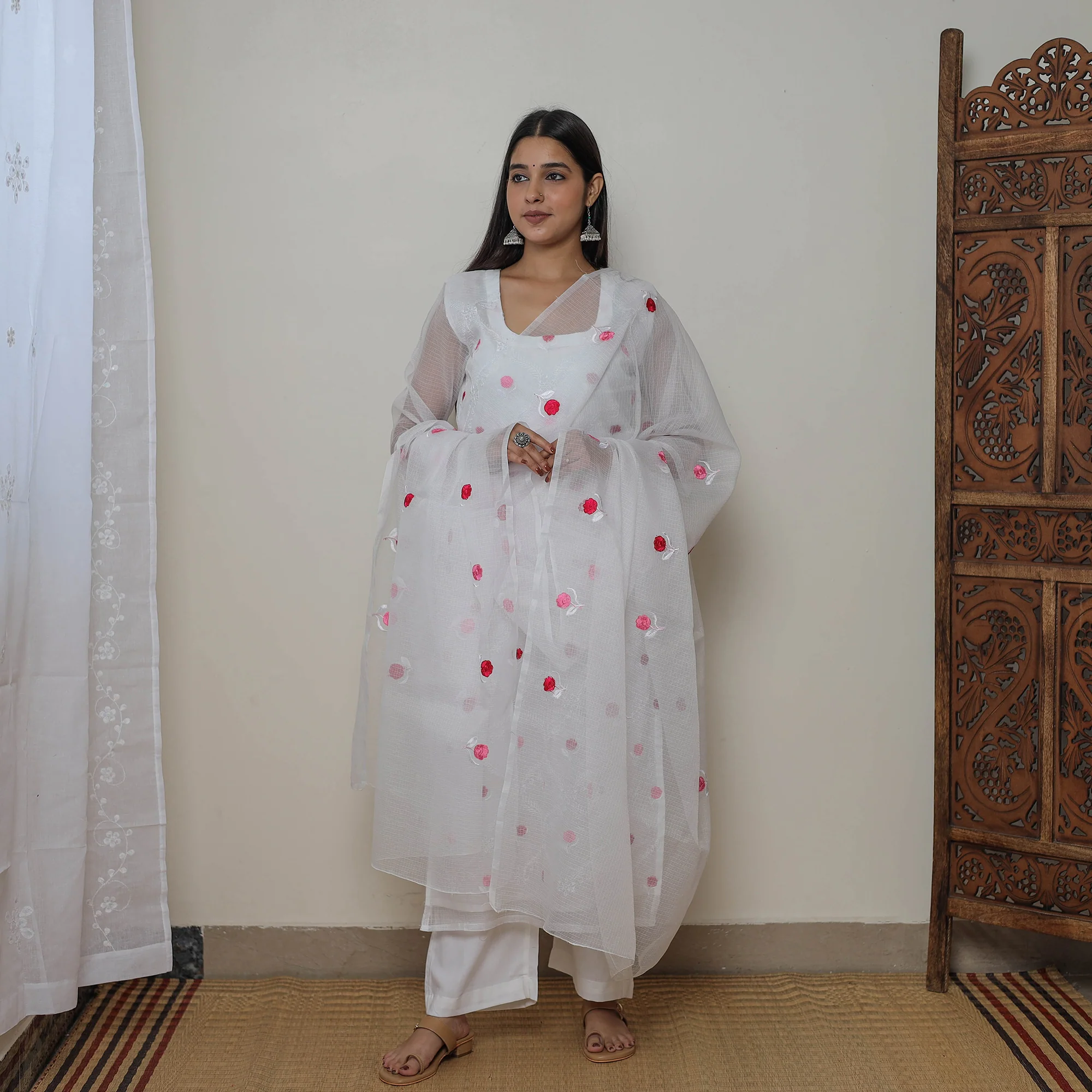 White - Kota Doria Cotton Embroidery Kurta Suit Set 14 - Image 3