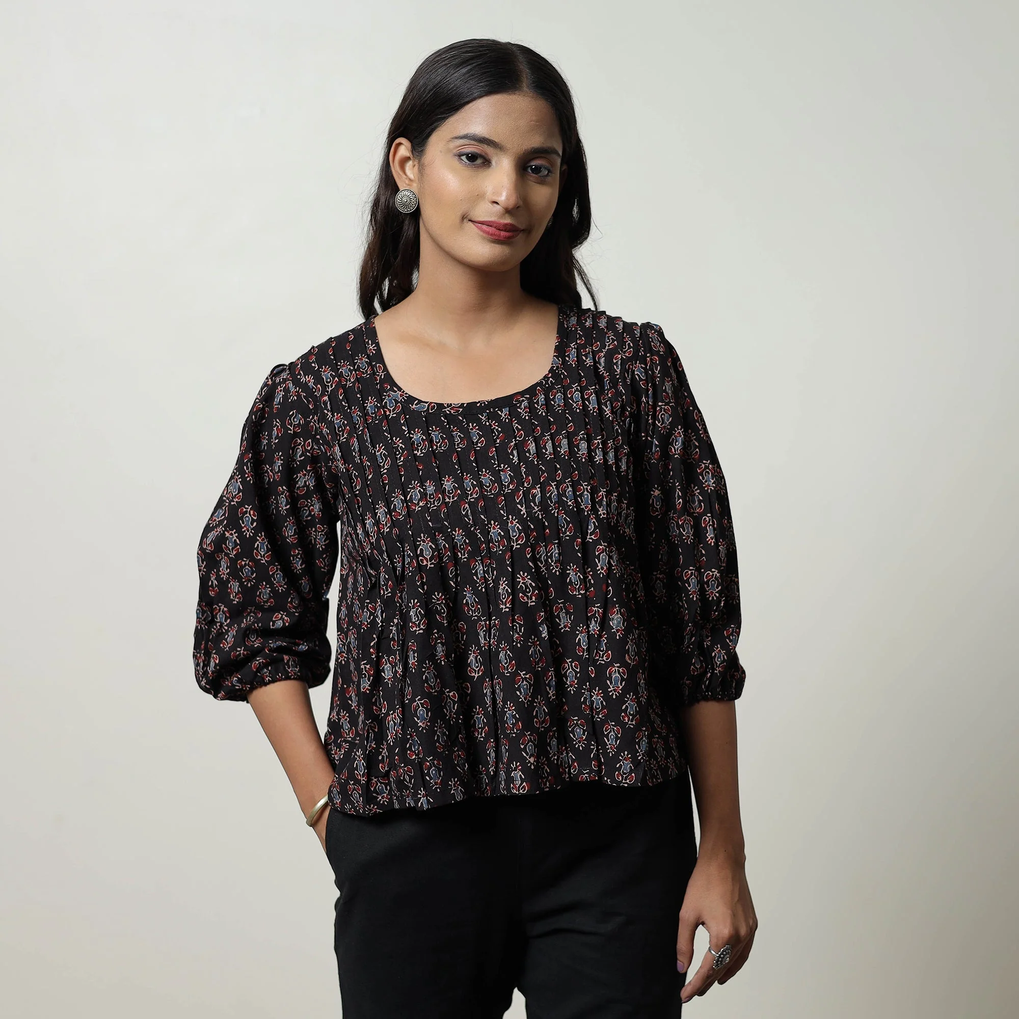 Black - Ajrakh Block Printed Cotton Crop Top 11 - Image 3