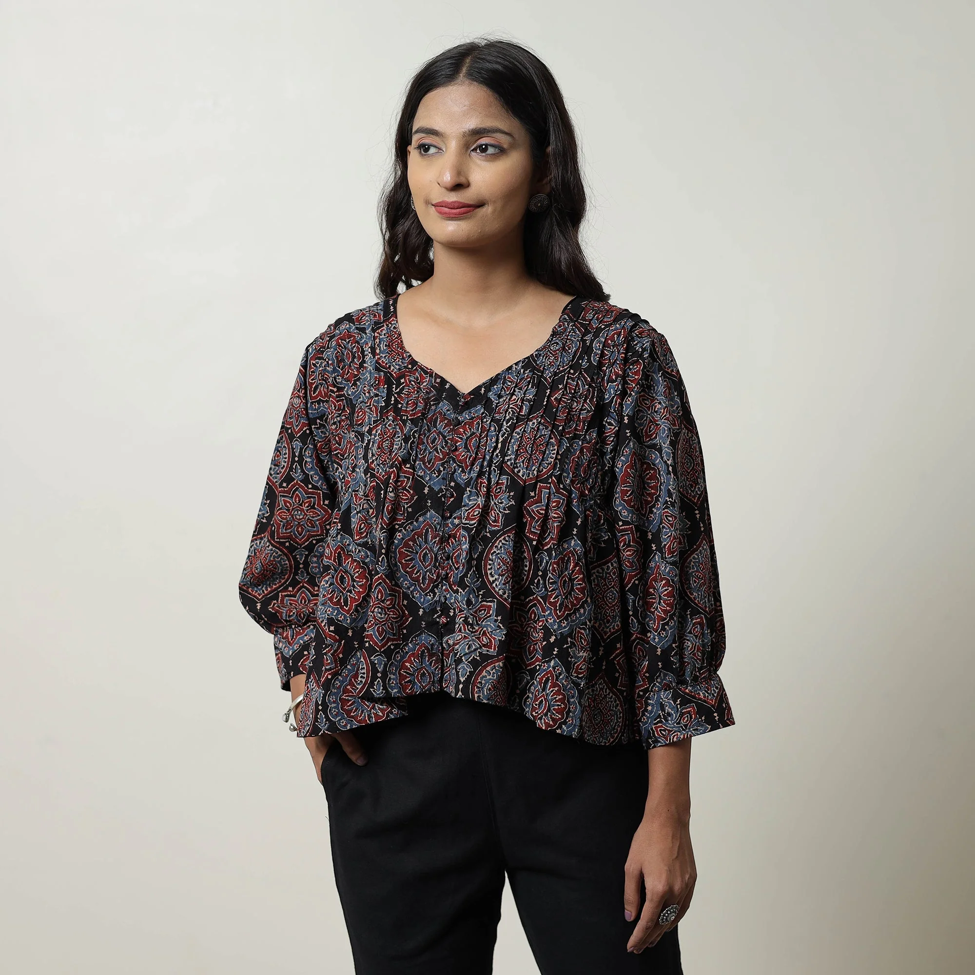 Black - Ajrakh Block Printed Cotton Crop Top 05 - Image 2