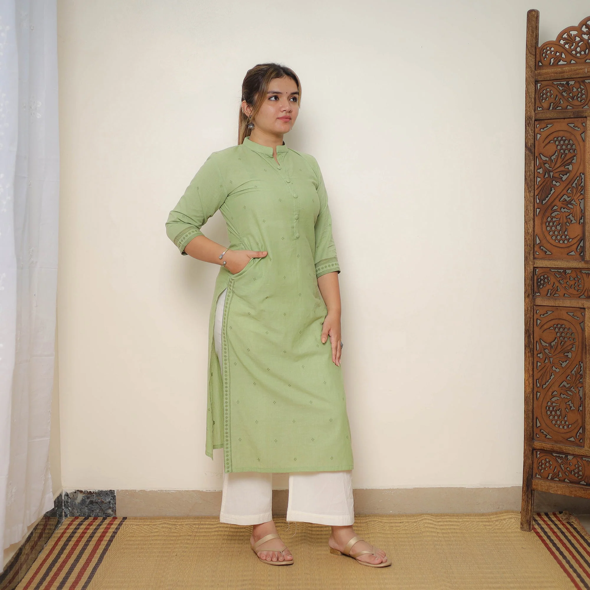 Green - Jacquard Cotton Straight Kurta 02 - Image 3