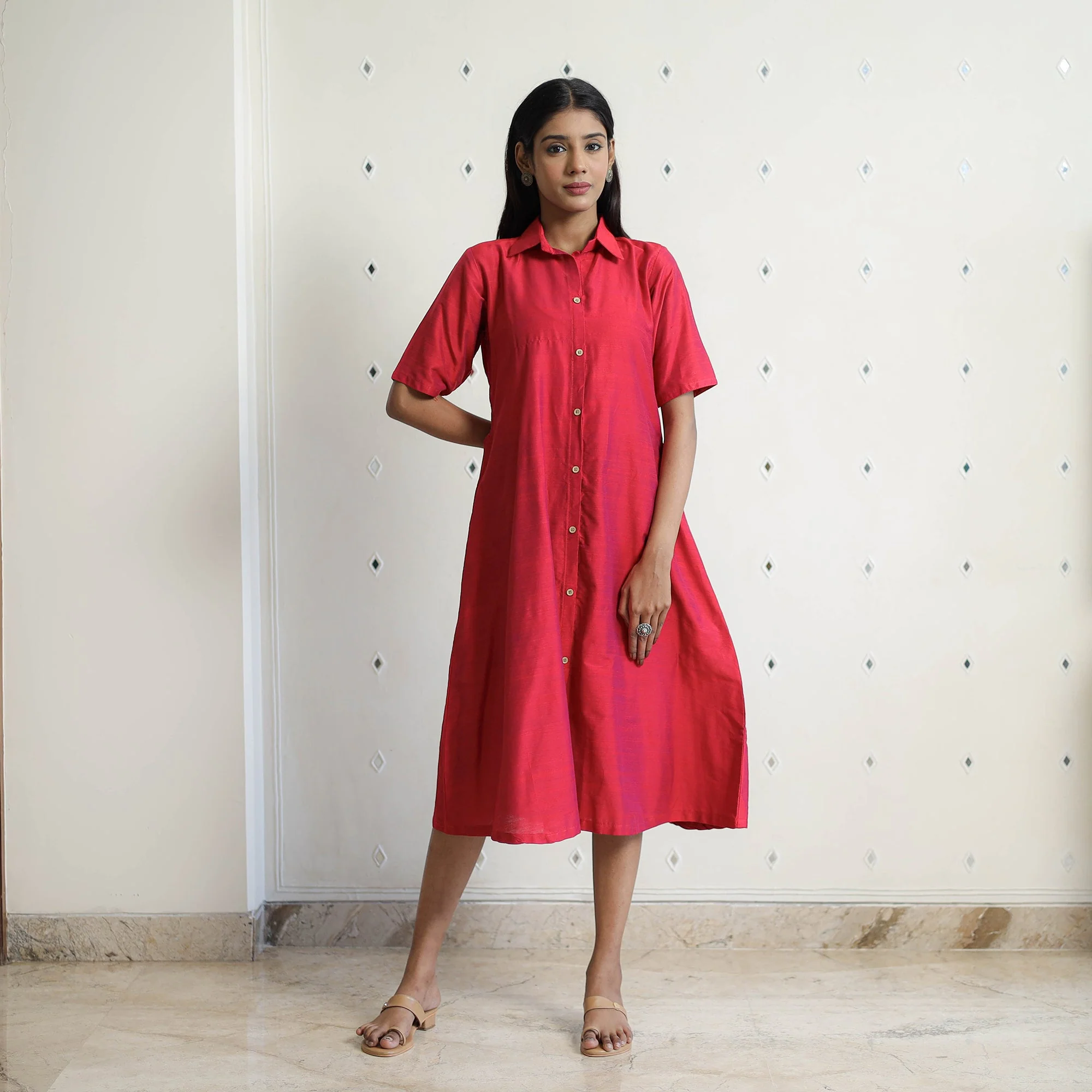 Jasleen Dark Pink Slub Silk Plain Dress - Image 3
