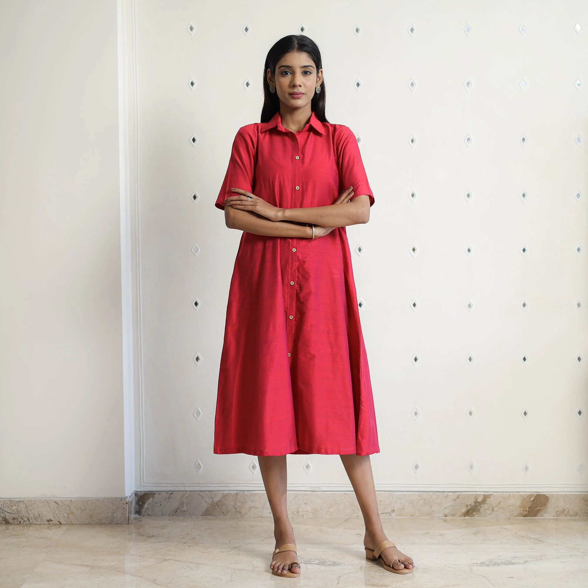 Jasleen Dark Pink Slub Silk Plain Dress - Image 4