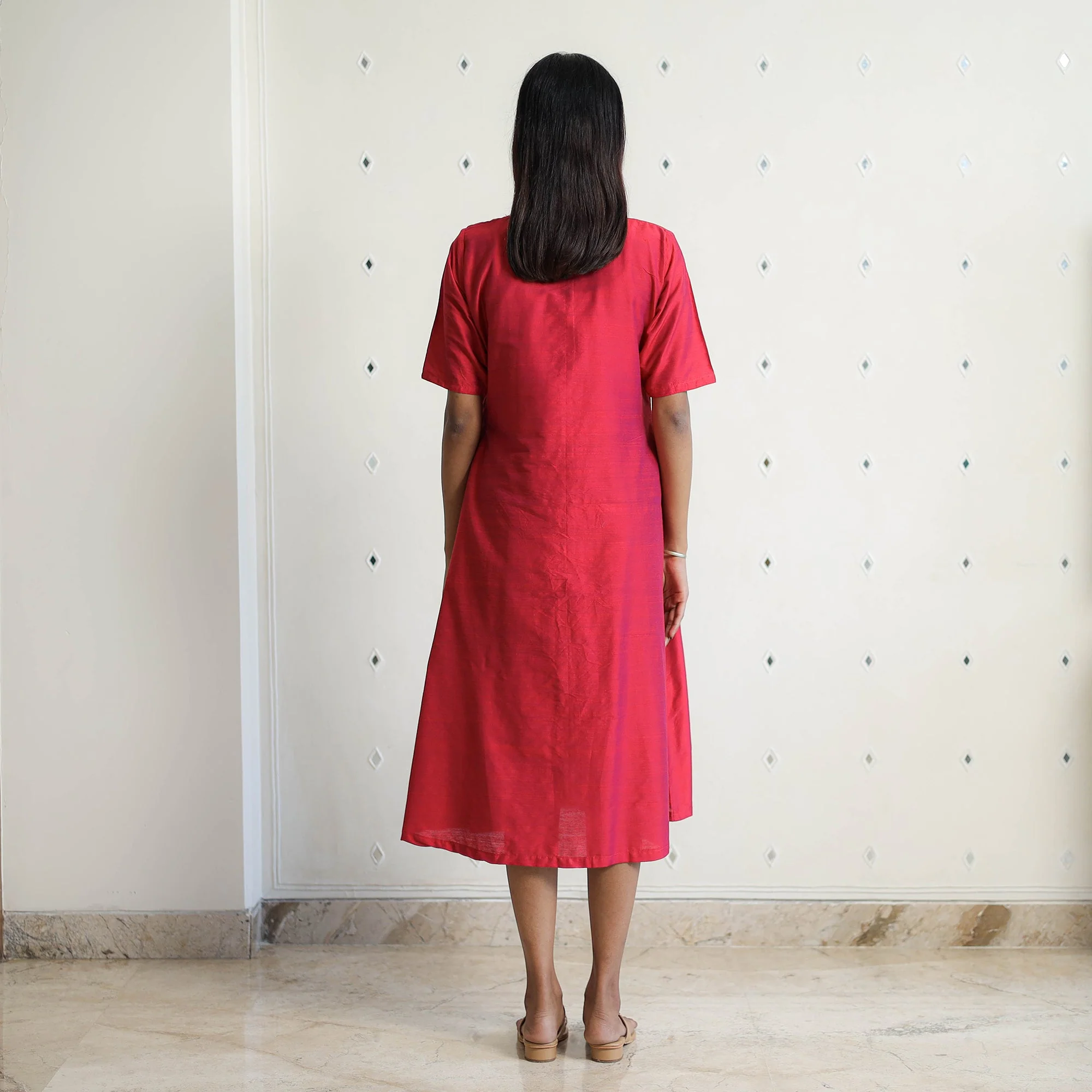 Jasleen Dark Pink Slub Silk Plain Dress - Image 7