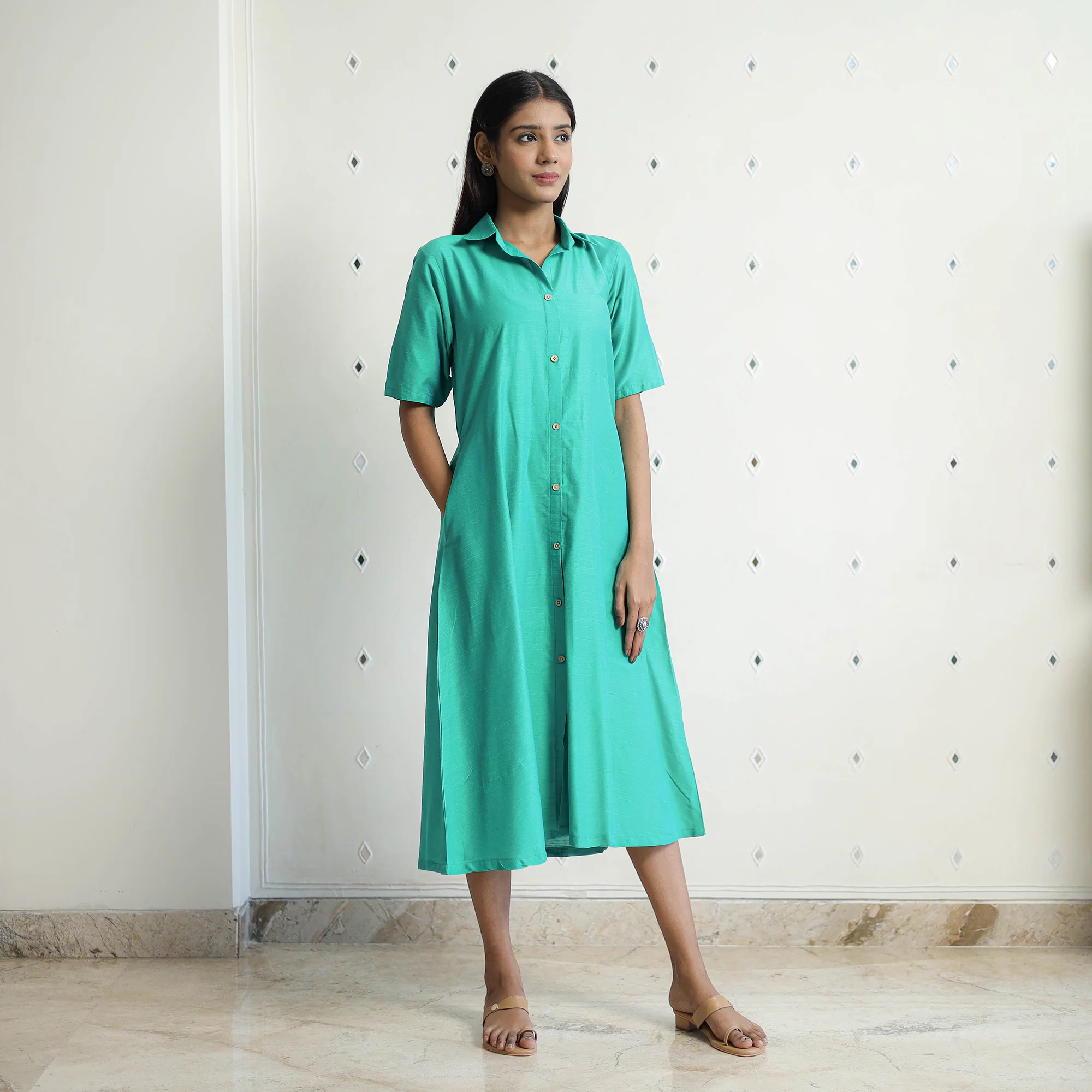 Nithya Aqua Green Slub Silk Plain Dress - Image 5