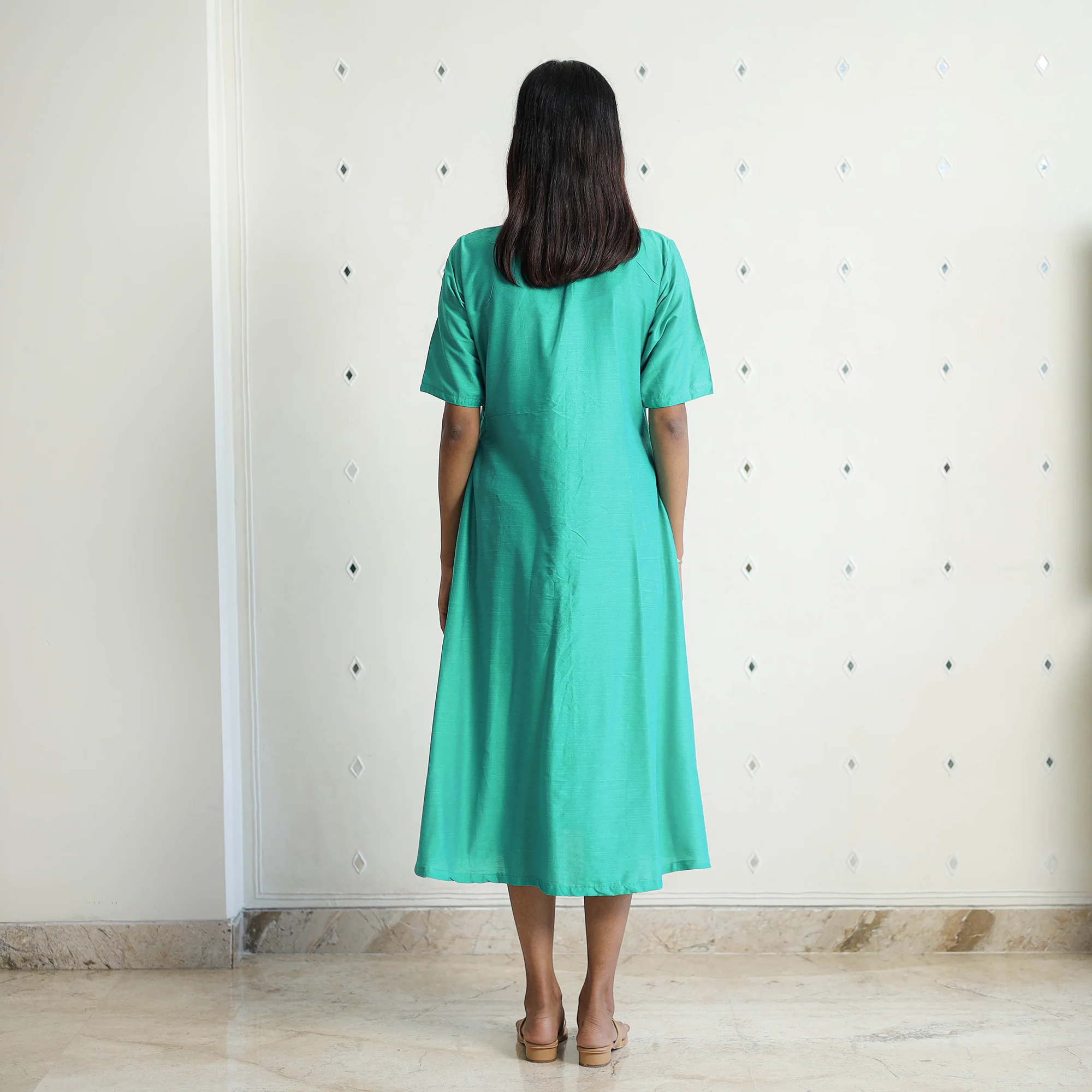 Nithya Aqua Green Slub Silk Plain Dress - Image 7