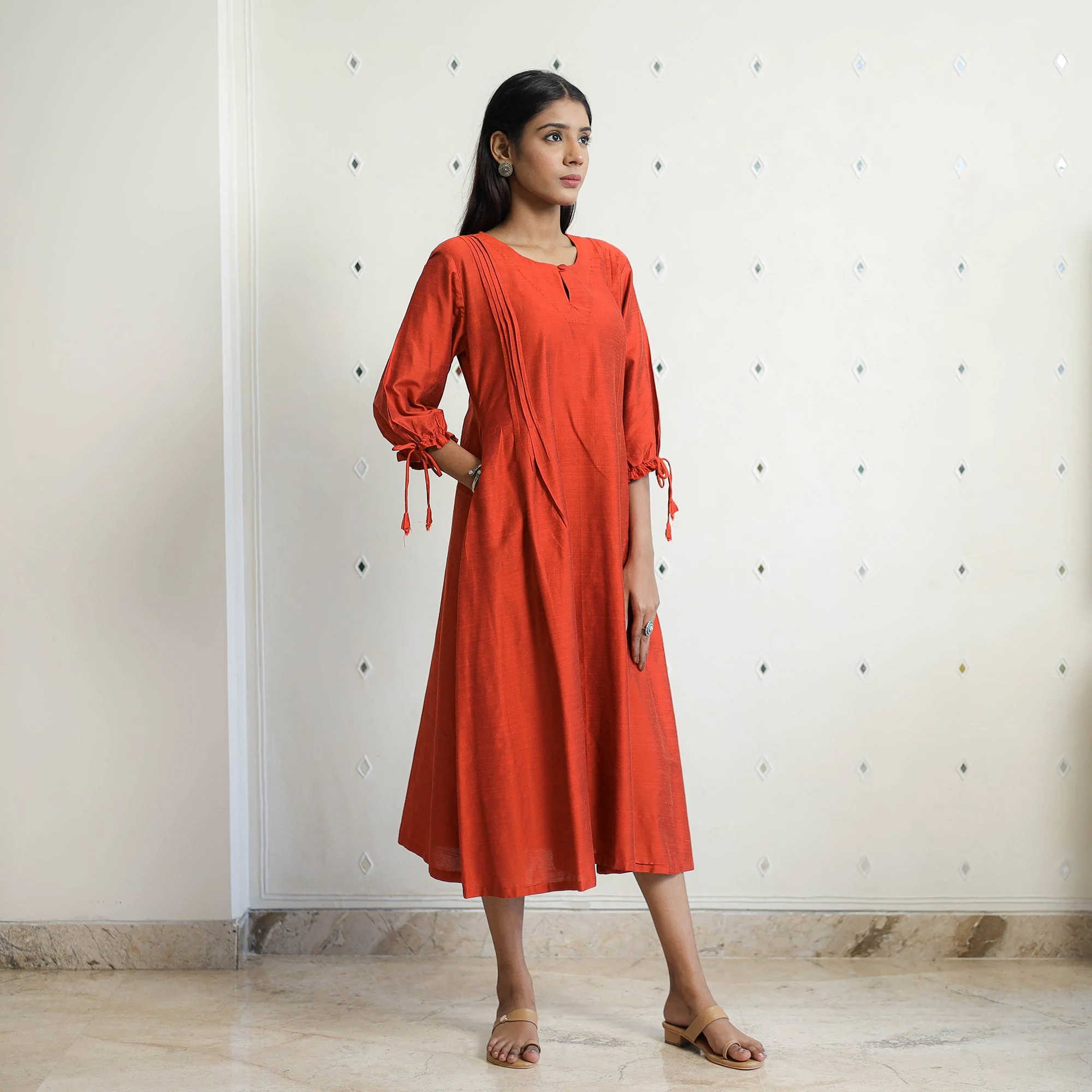 Sunny Dark Orange Slub Silk Plain Dress - Image 5