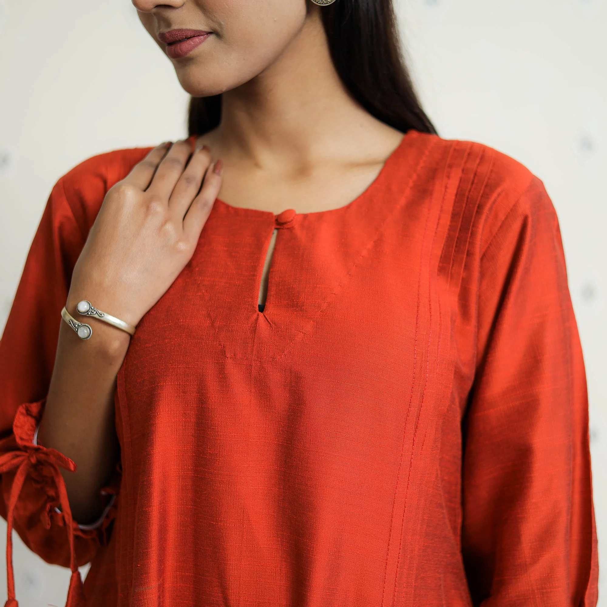 Sunny Dark Orange Slub Silk Plain Dress - Image 6