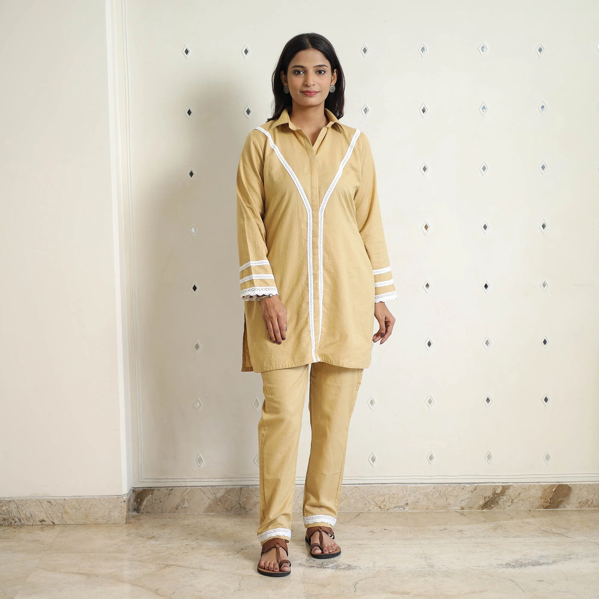Beige - Flex Cotton Plain Co-Ord Set With Lace Work 02