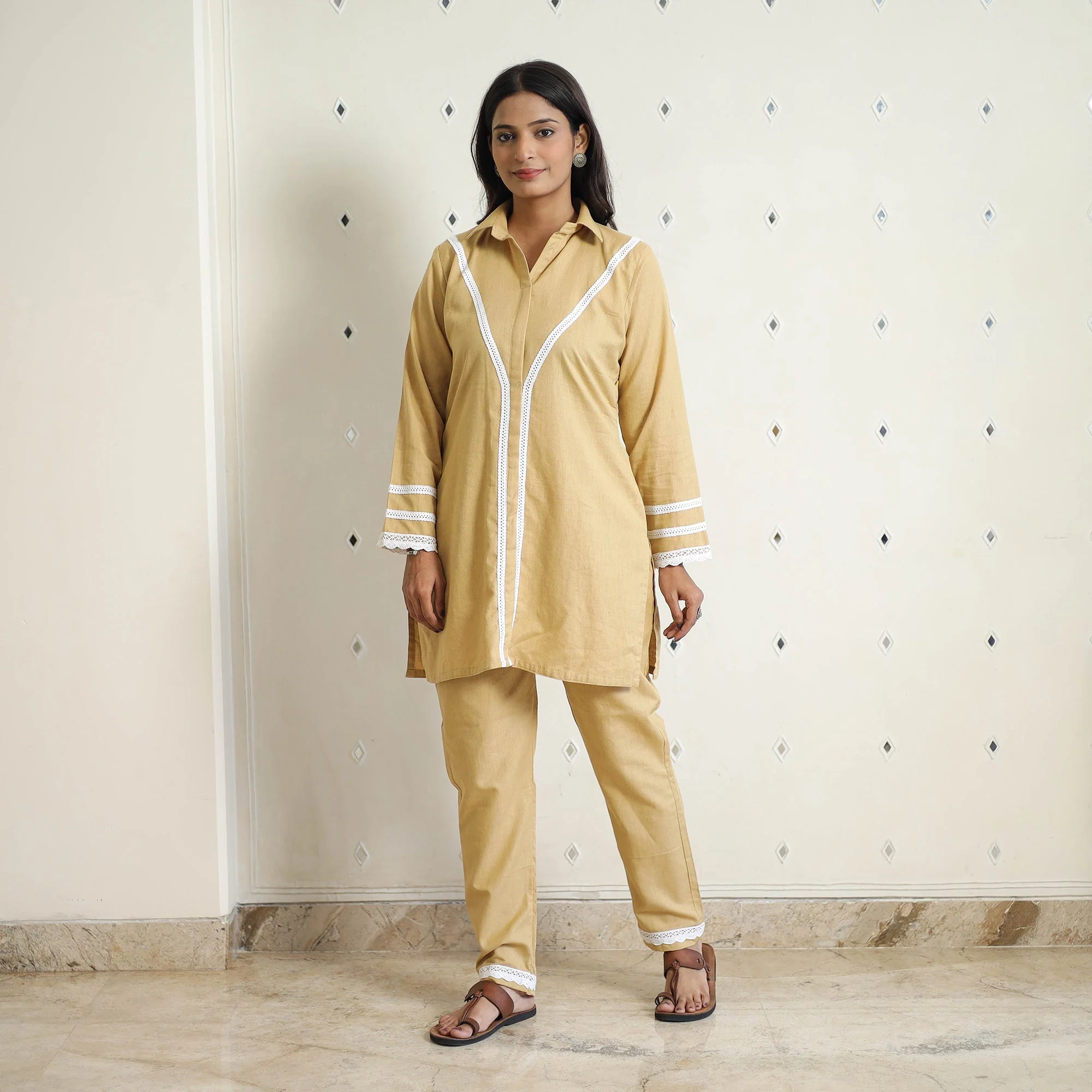 Beige - Flex Cotton Plain Co-Ord Set With Lace Work 02 - Image 2