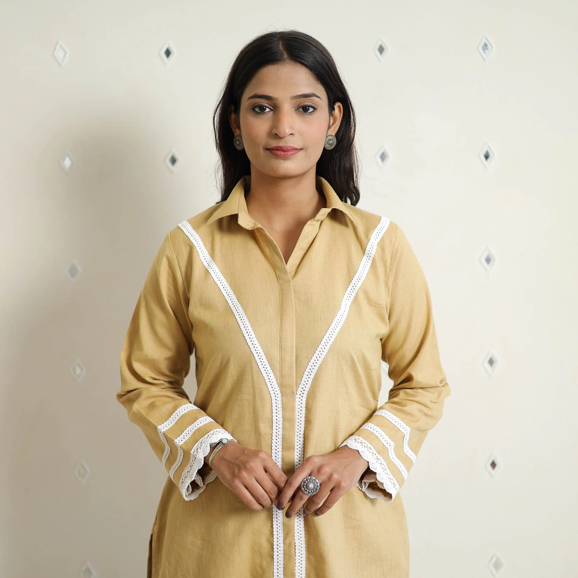 Beige - Flex Cotton Plain Co-Ord Set With Lace Work 02 - Image 4