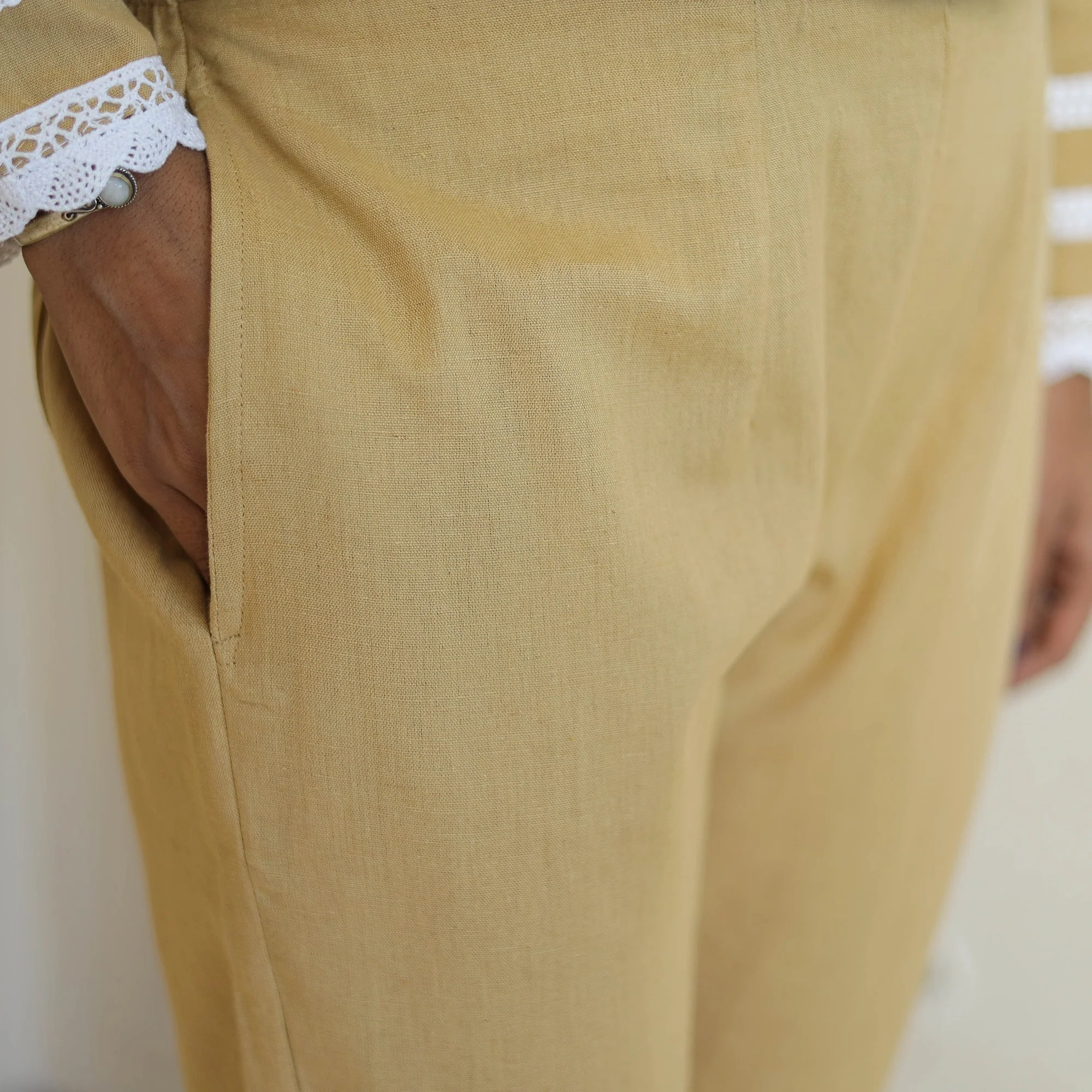 Beige - Flex Cotton Plain Co-Ord Set With Lace Work 02 - Image 7