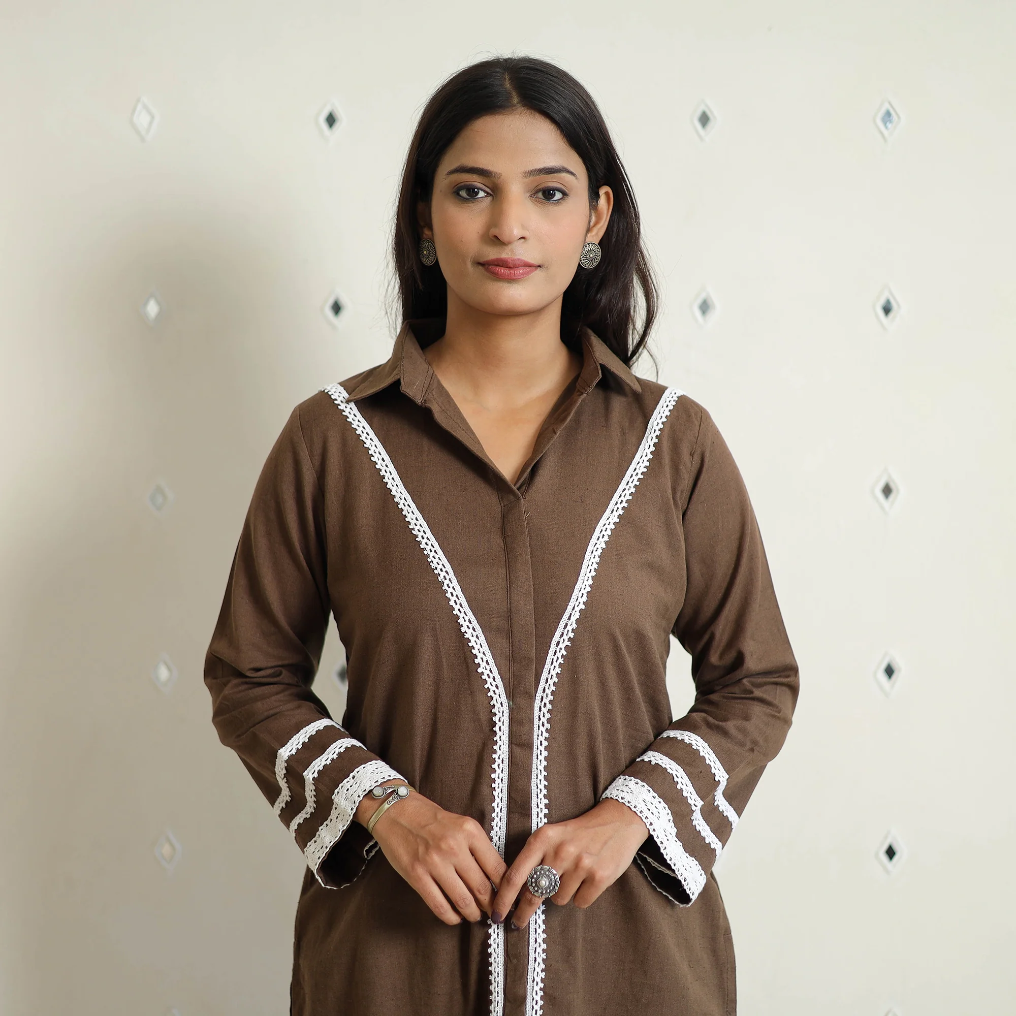 Brown - Flex Cotton Plain Co-Ord Set With Lace Work 03 - Image 4