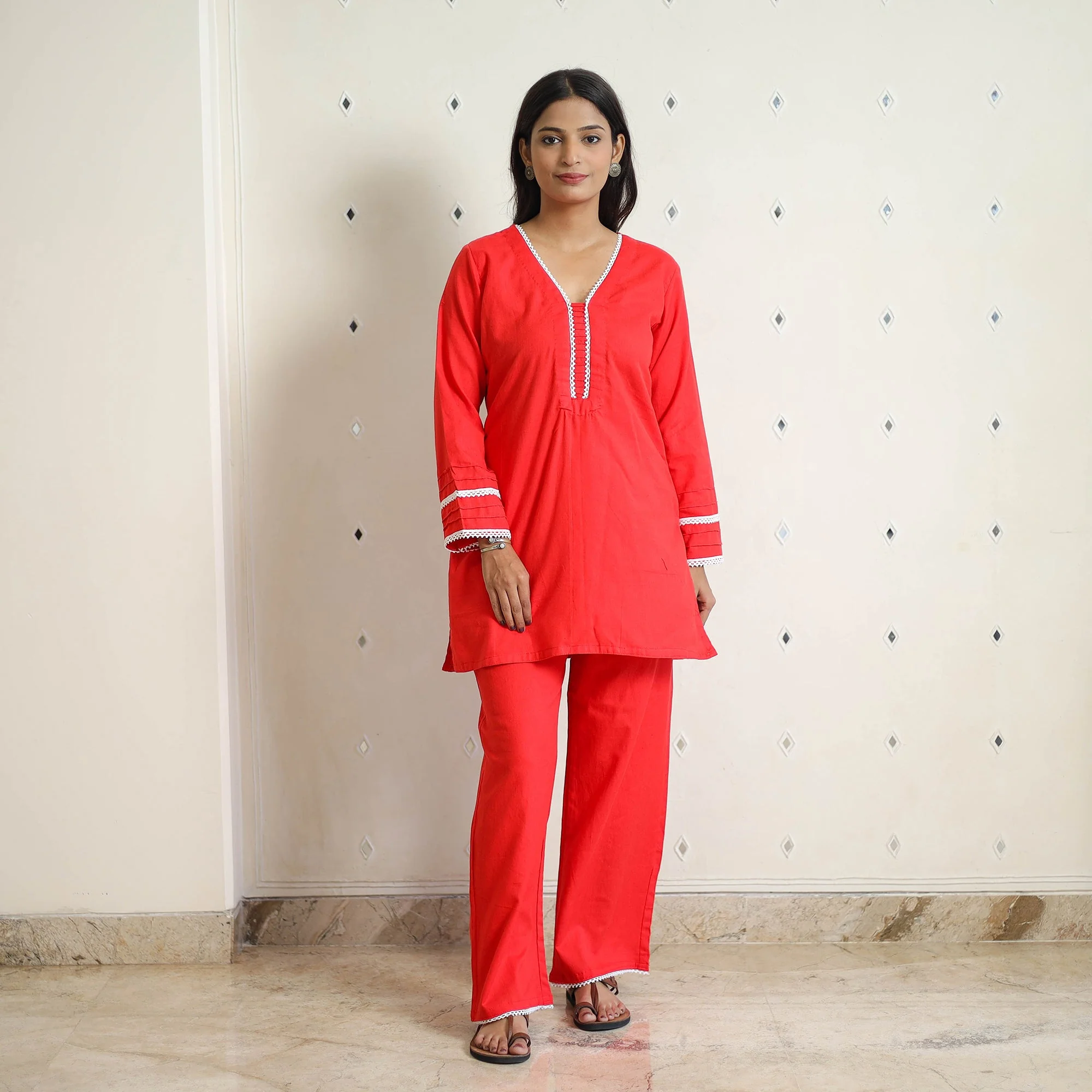 Red - Flex Cotton Plain Co-Ord Set With Lace Work 09