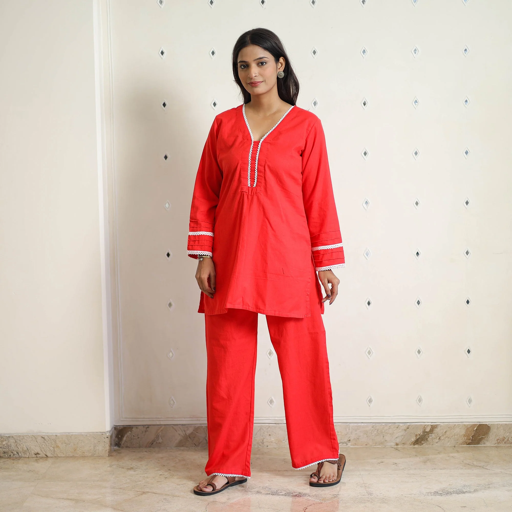 Red - Flex Cotton Plain Co-Ord Set With Lace Work 09 - Image 2