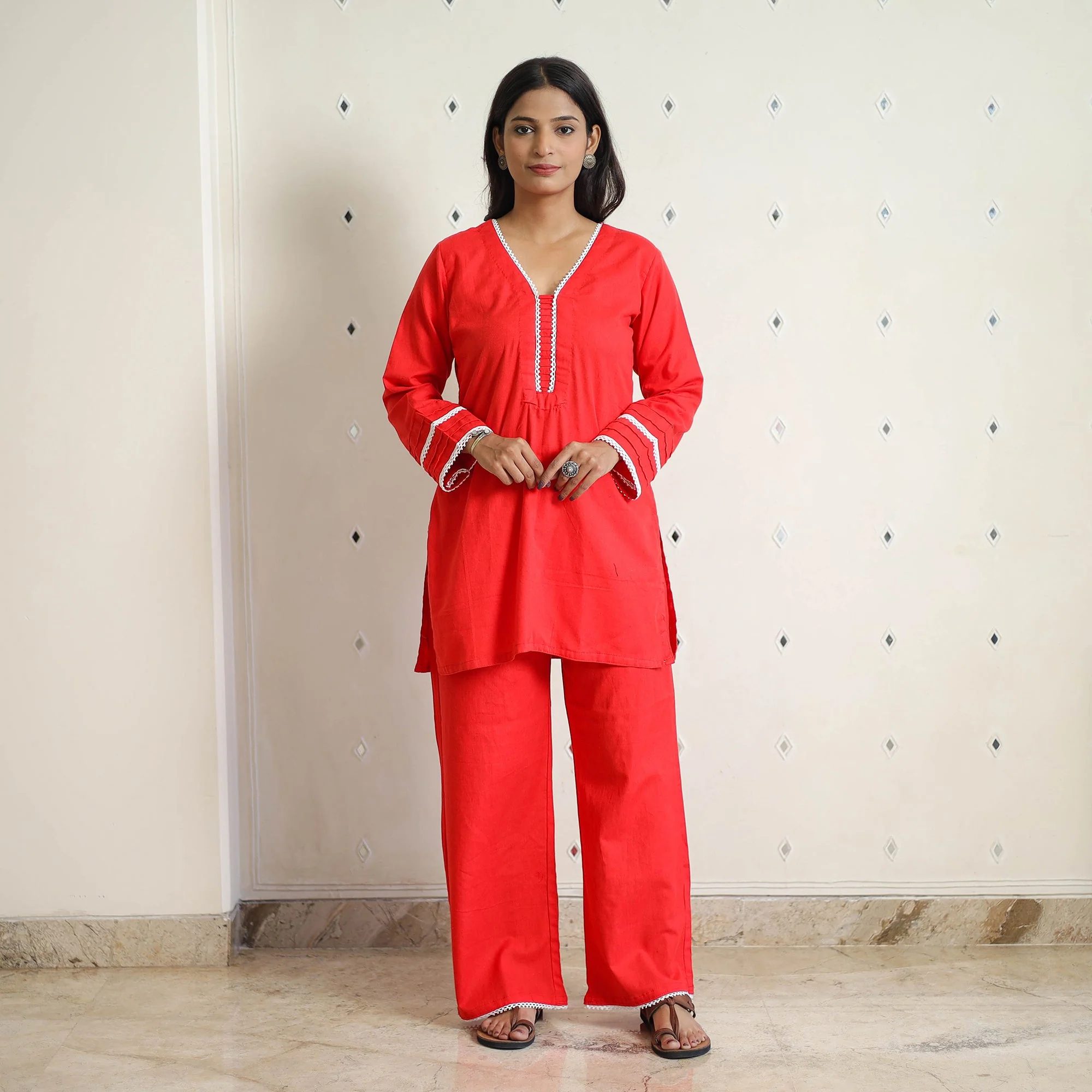 Red - Flex Cotton Plain Co-Ord Set With Lace Work 09 - Image 3