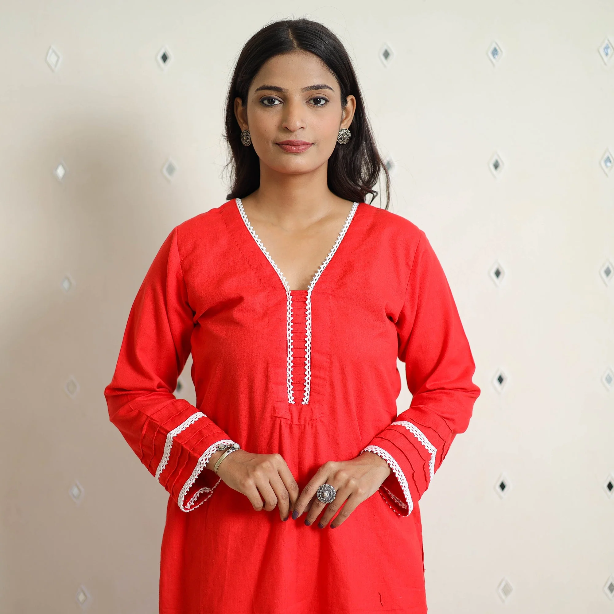 Red - Flex Cotton Plain Co-Ord Set With Lace Work 09 - Image 4