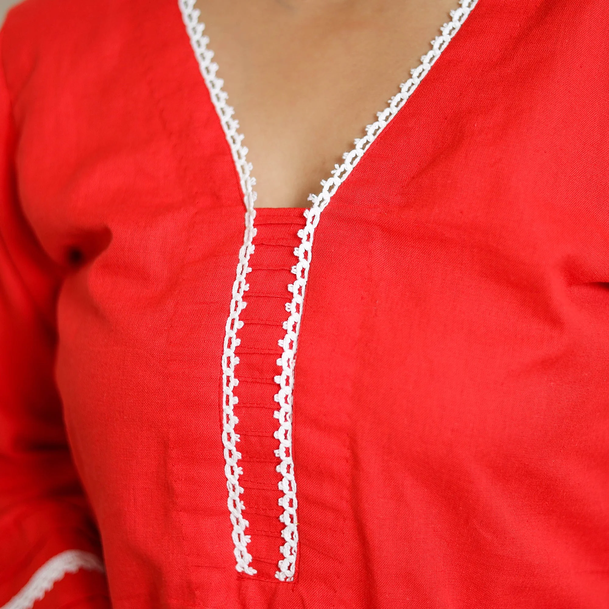 Red - Flex Cotton Plain Co-Ord Set With Lace Work 09 - Image 5