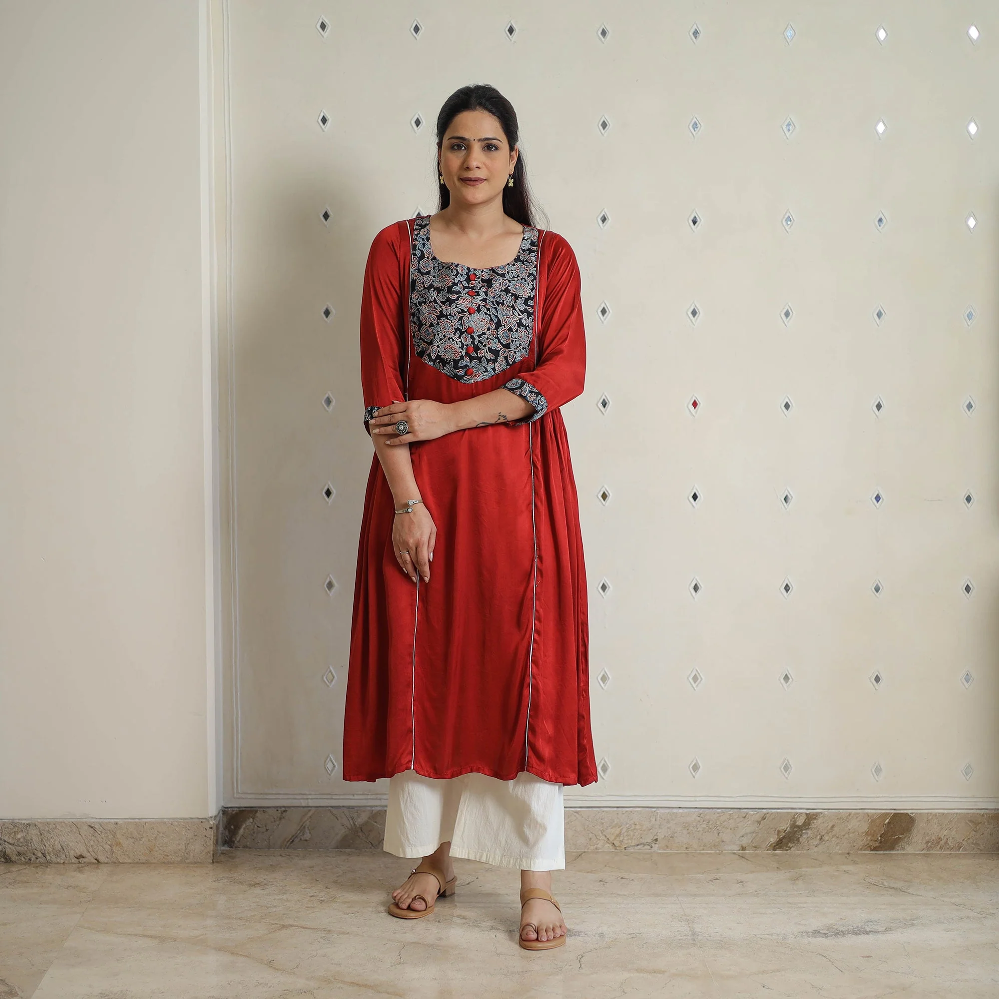 Red - Jasmin Maroon Modal Silk Plain A-line Kurta - Image 2
